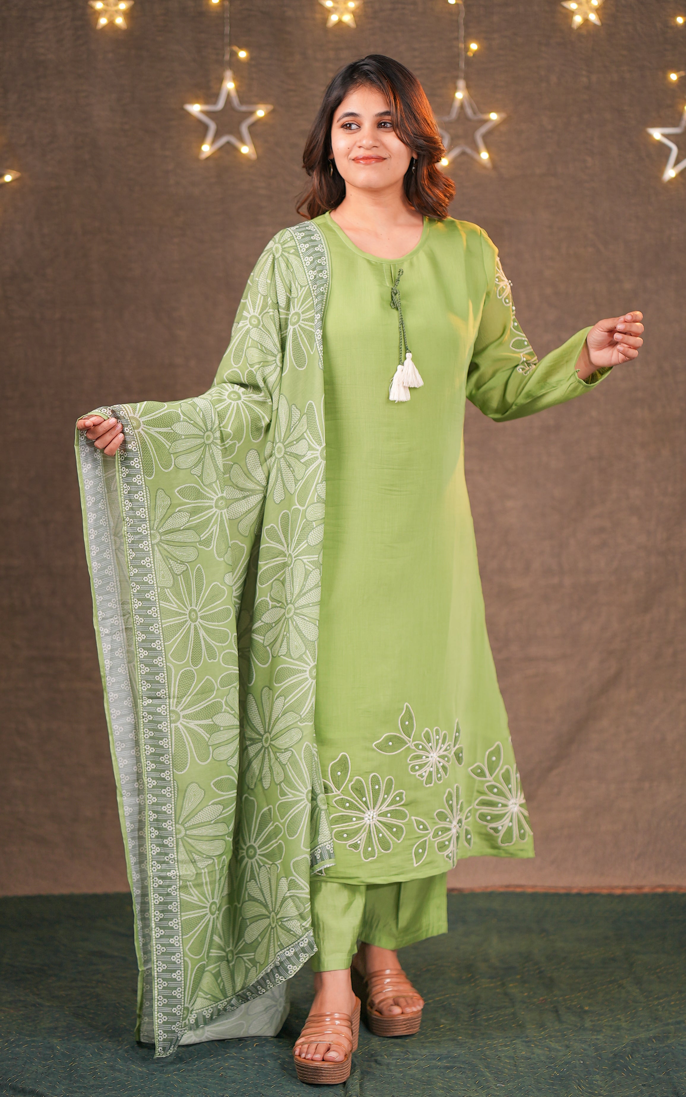 Instore - Green Color Art Silk Beads Embroidered Aline Kurti with Matching Dupatta & Palazzo Pant with One Side Pocket