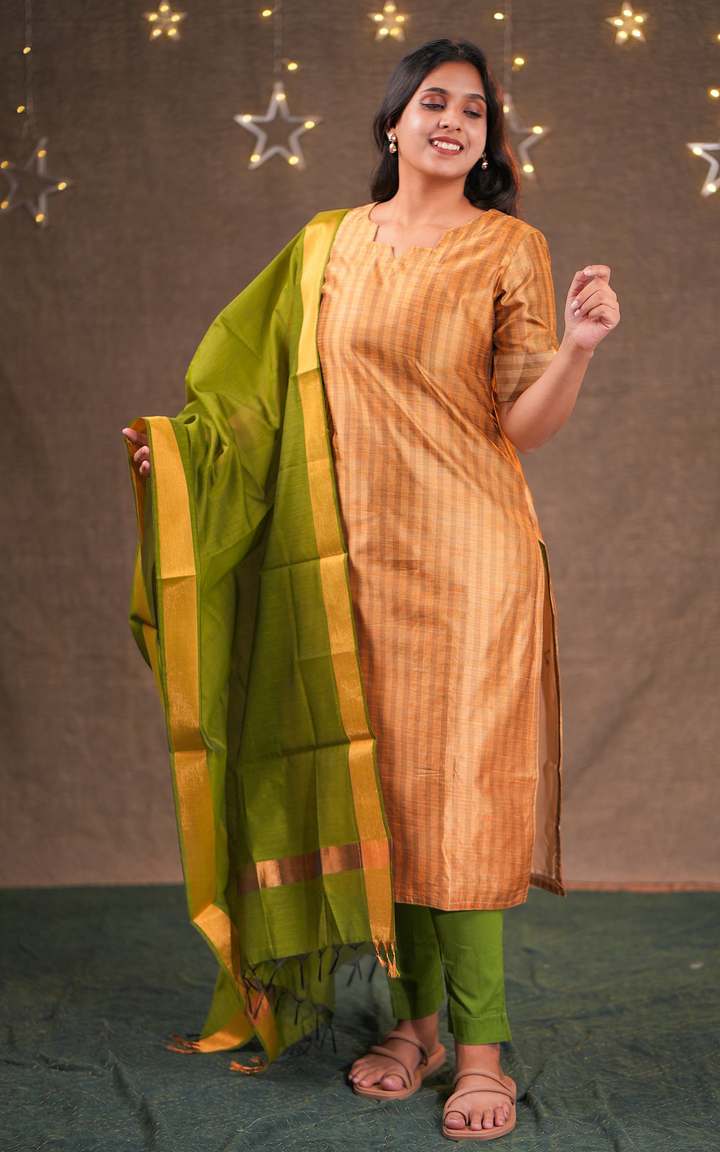 Instore - Gold & Green Color Silk Cotton Straight Cut kurti with side slits paired with a contrast dupatta, No Lining