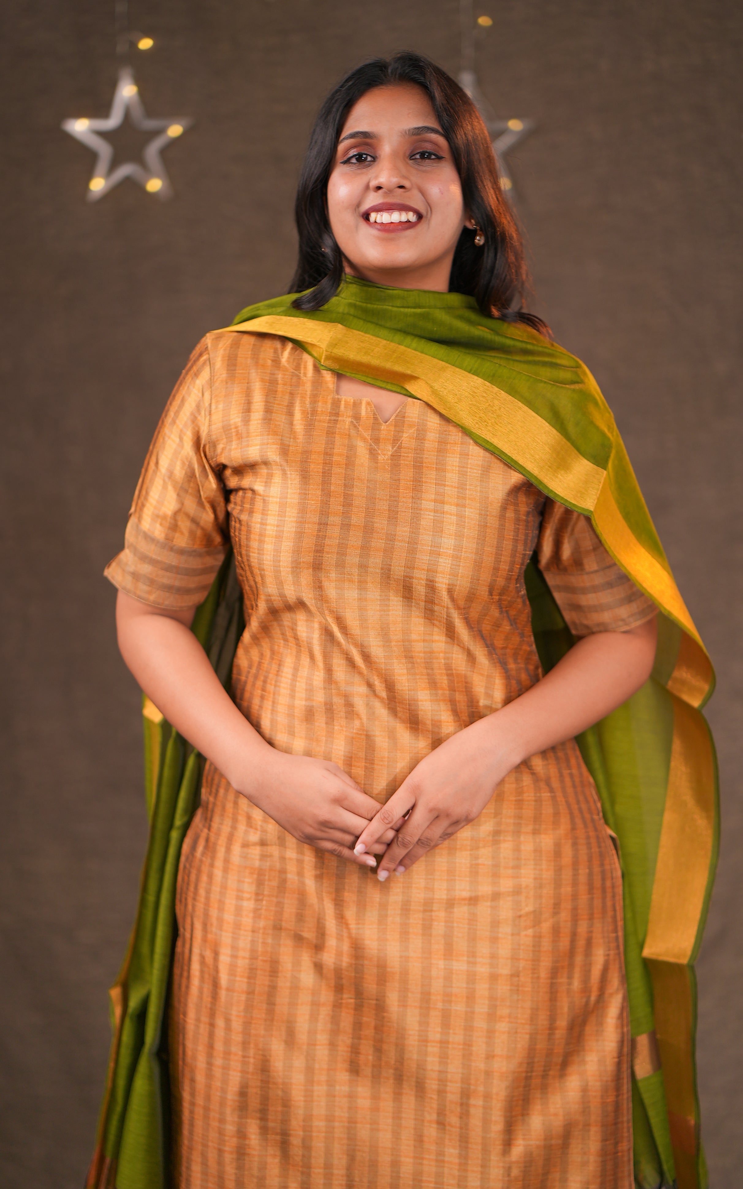 Instore - Gold & Green Color Silk Cotton Straight Cut kurti with side slits paired with a contrast dupatta, No Lining