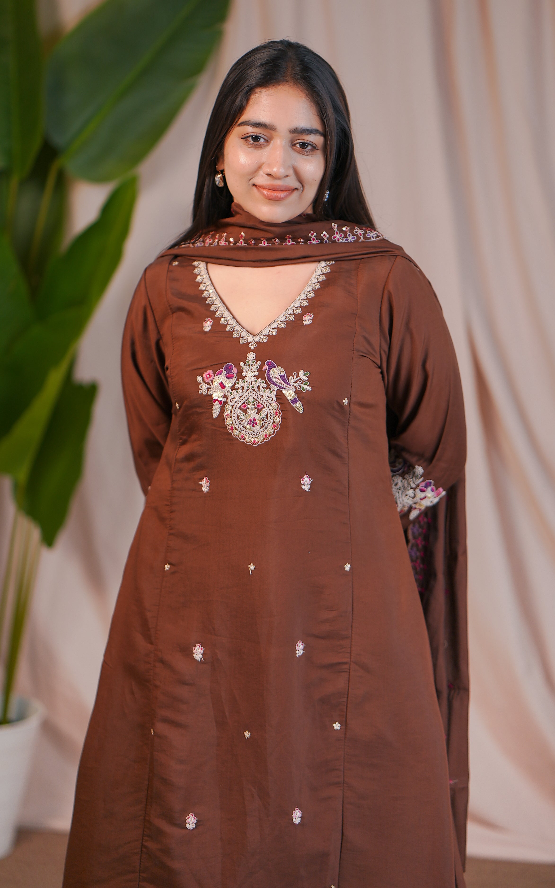 Stylish Brown Art Silk Kurti with Floral Embroidery & Dupatta