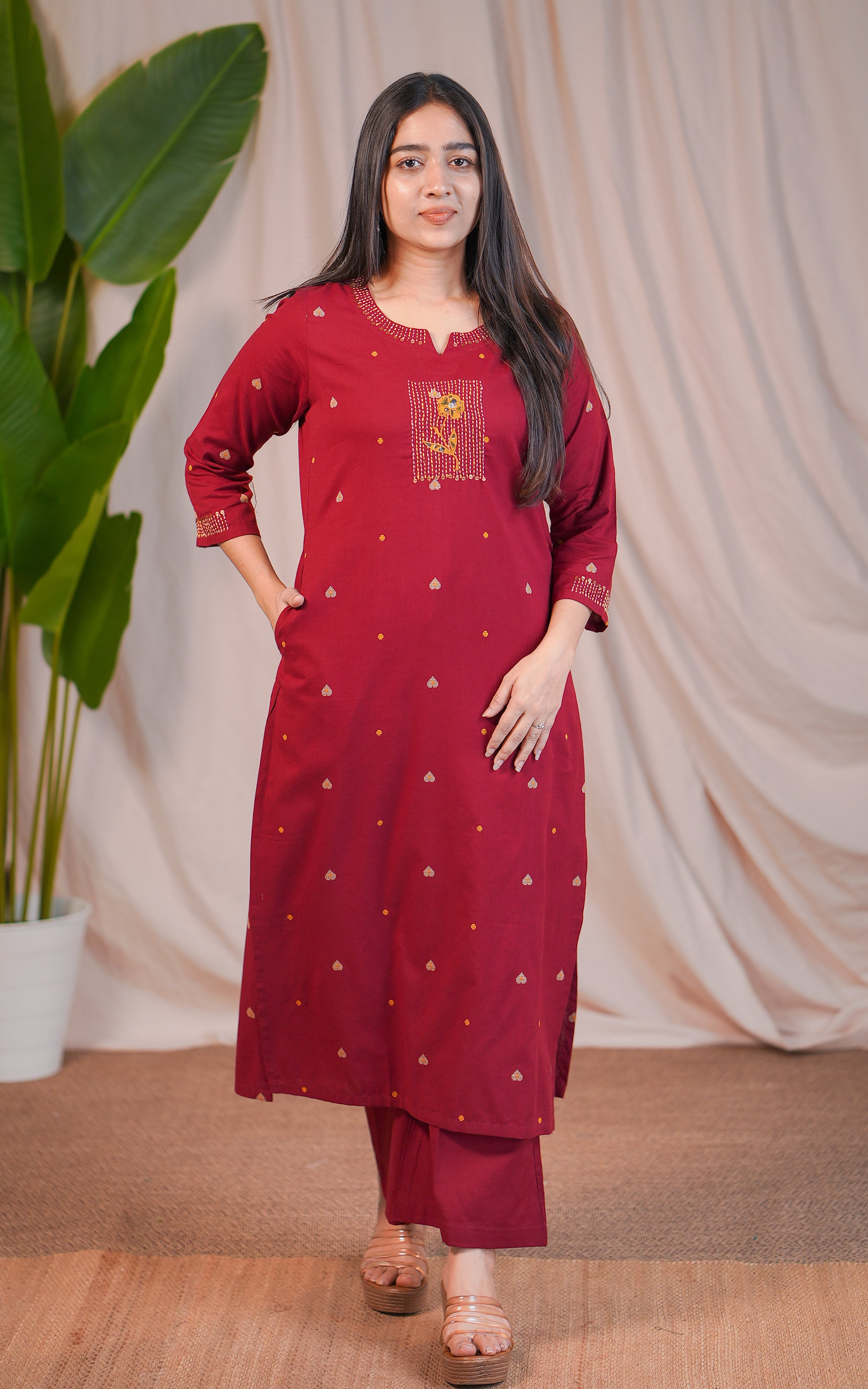 Maroon Kurti Palazzo Set with Side Slit & Pockets