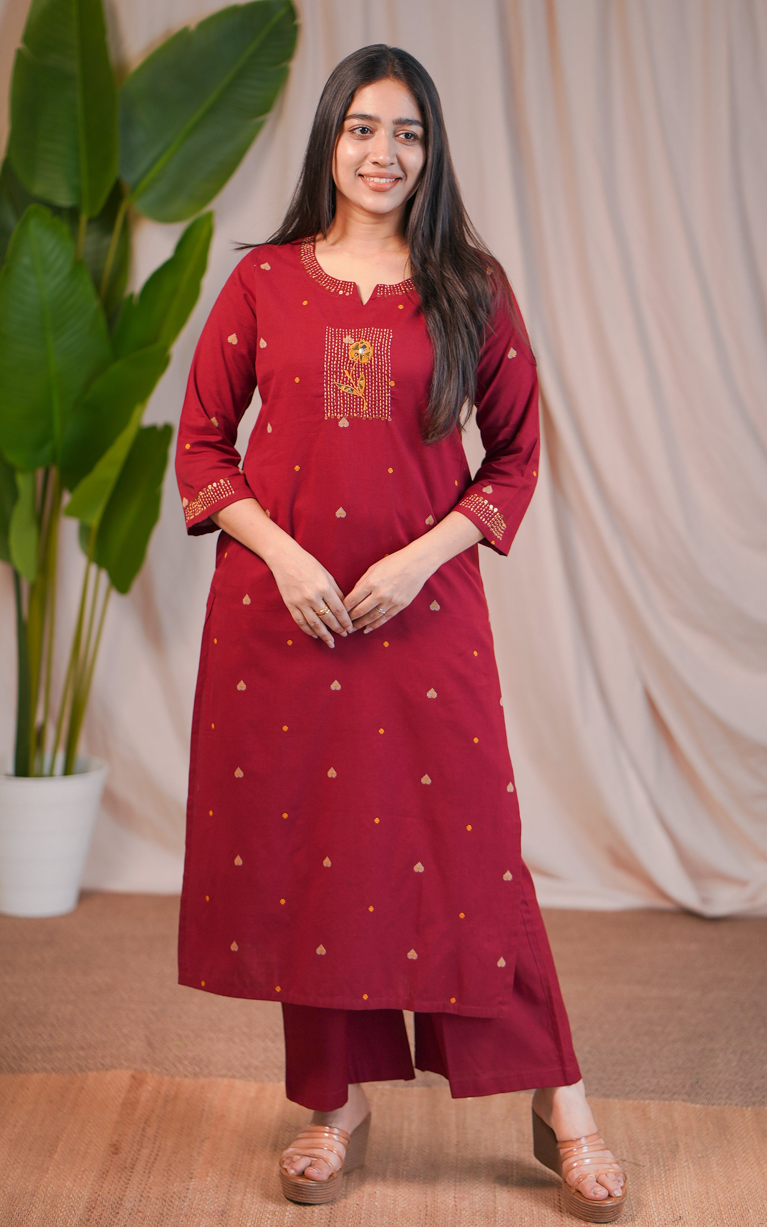 Ethnic Maroon Cotton Kurti Palazzo Set for Women
