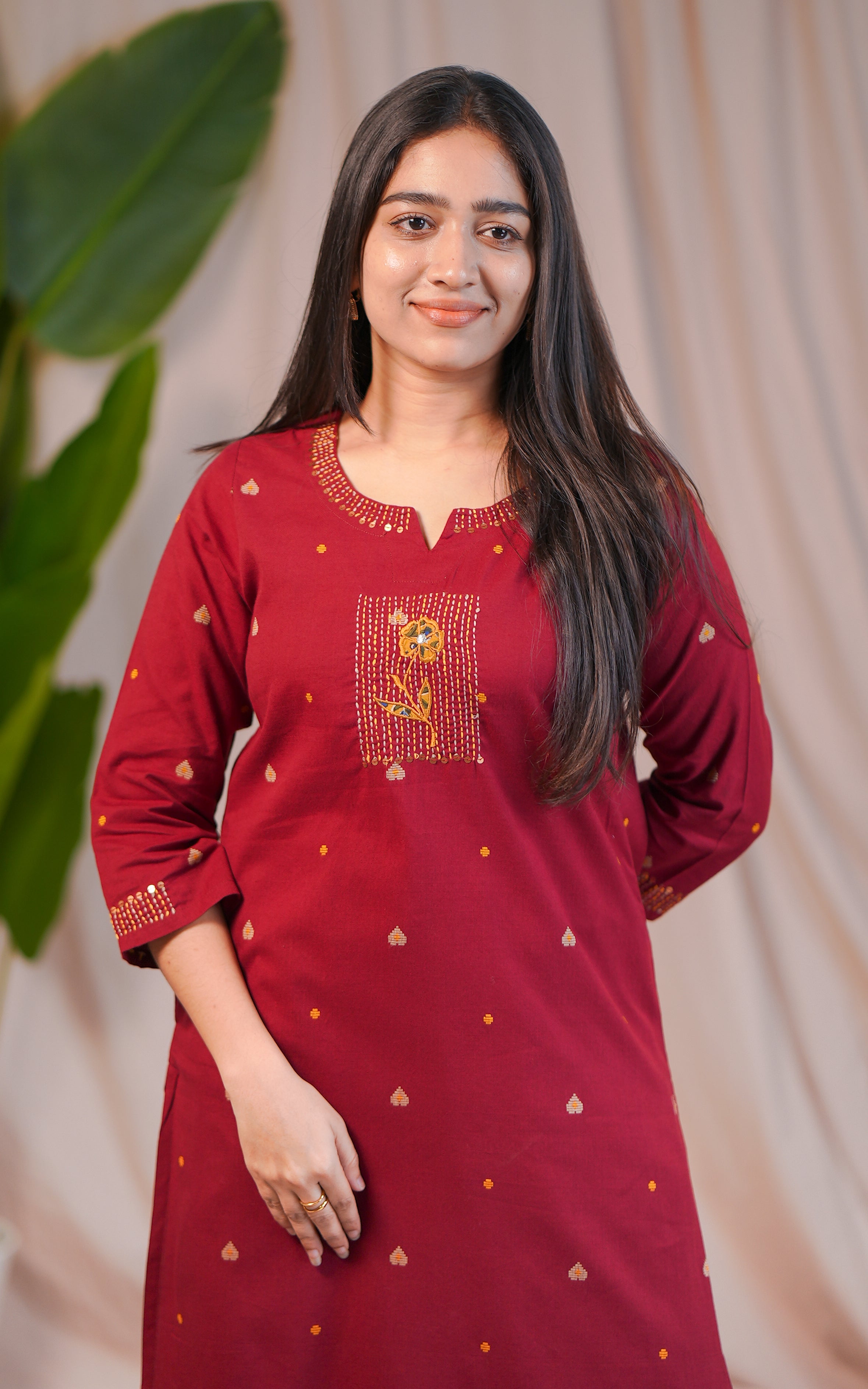 Maroon Cotton Straight Cut Kurti Palazzo Set with Floral Embroidery