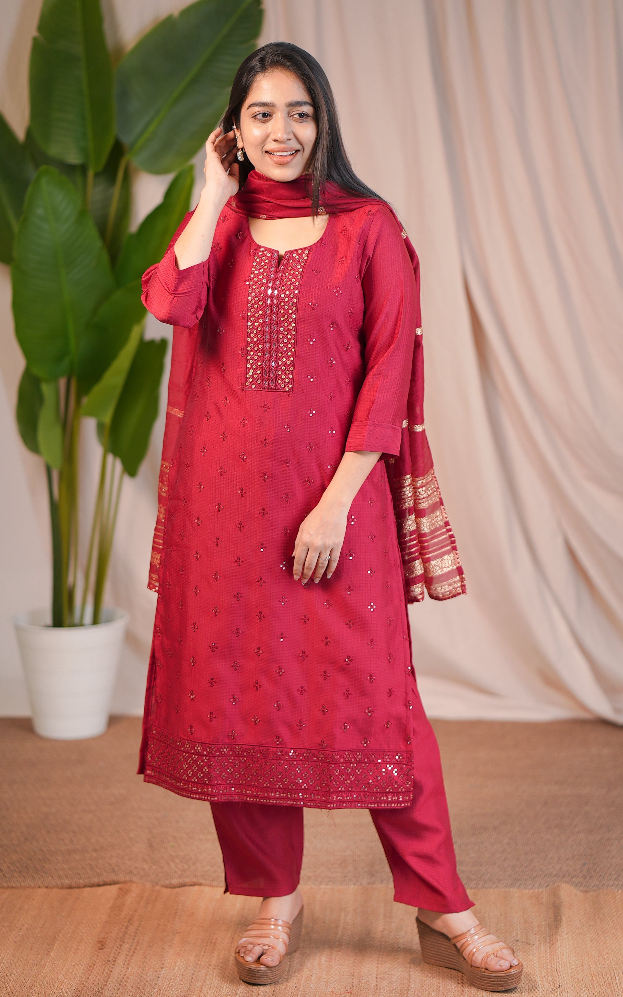 Traditional semi silk kurti with dupatta set for women