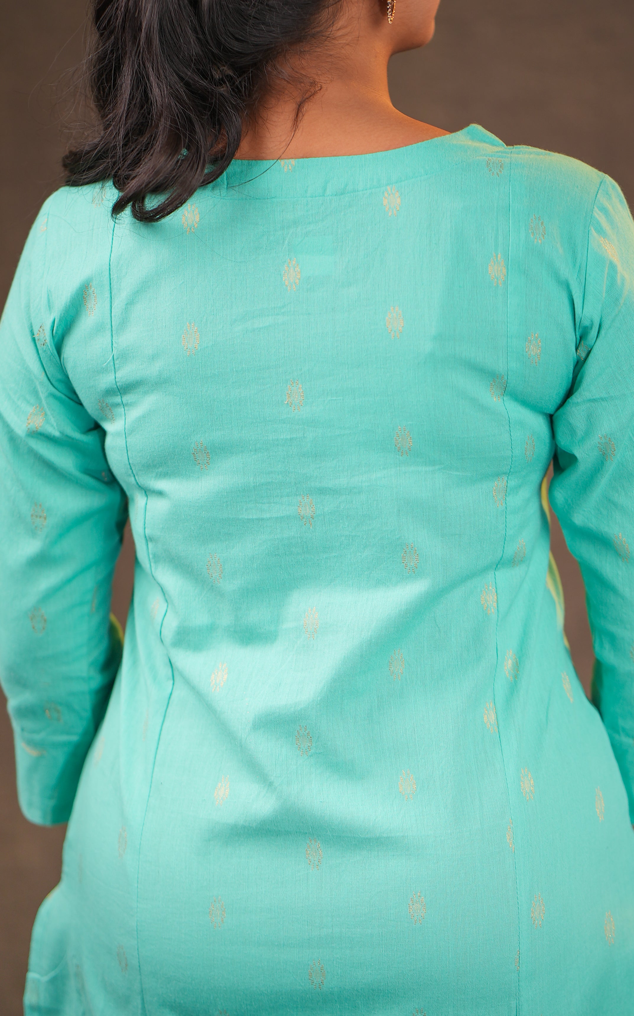 Instore - Aqua Green Color Cotton Straight Cut Kurti with Side Slits with U-Notched Neck and Golden Zari Butta, No Lining
