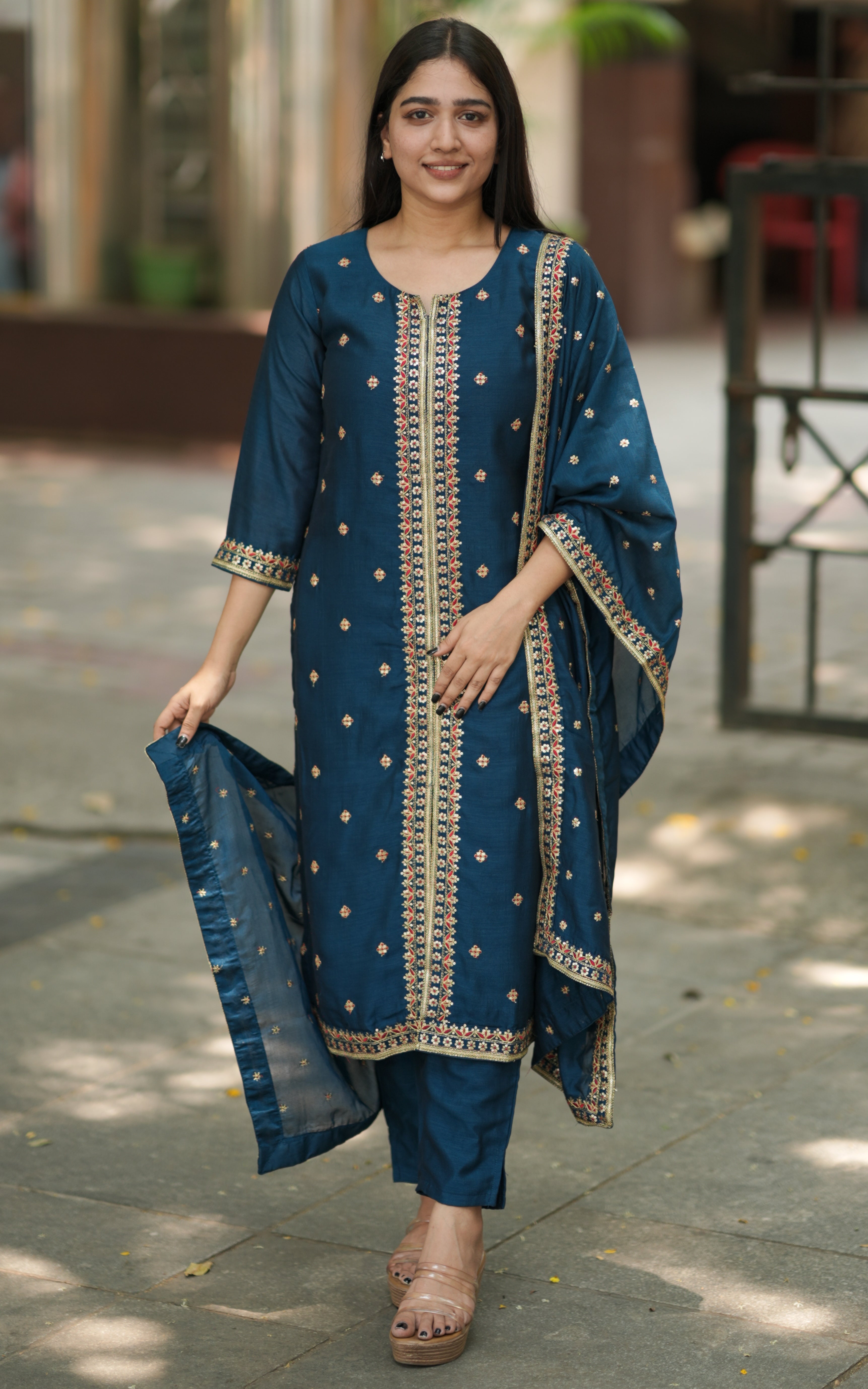 Embroidered Straight Cut Kurti with Pant & Dupatta (with Lining)