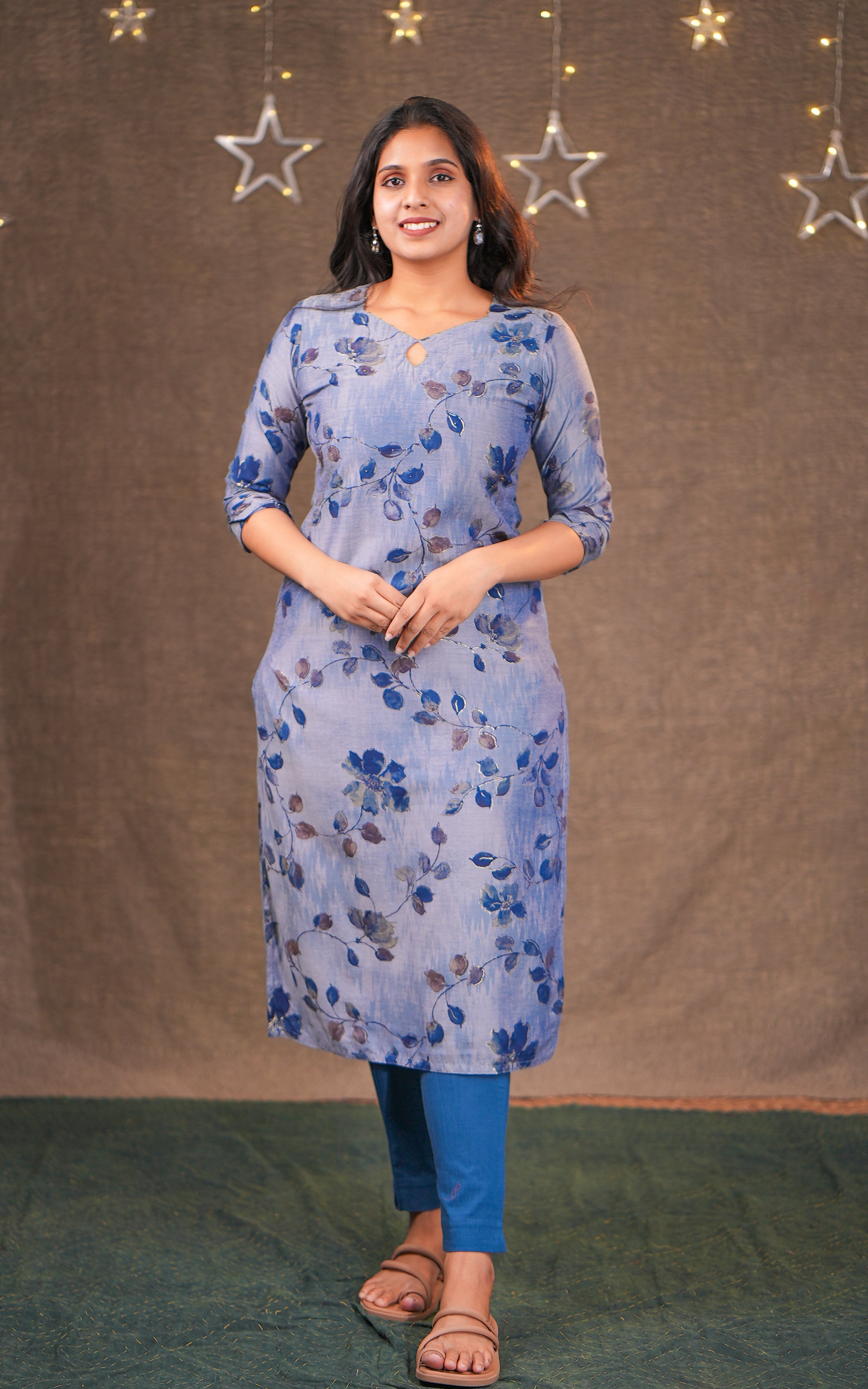 Instore - Light Steel Blue Color Art Silk Keyhole Neckline Straight Cut Kurti with Side Slit & Cotton Lining