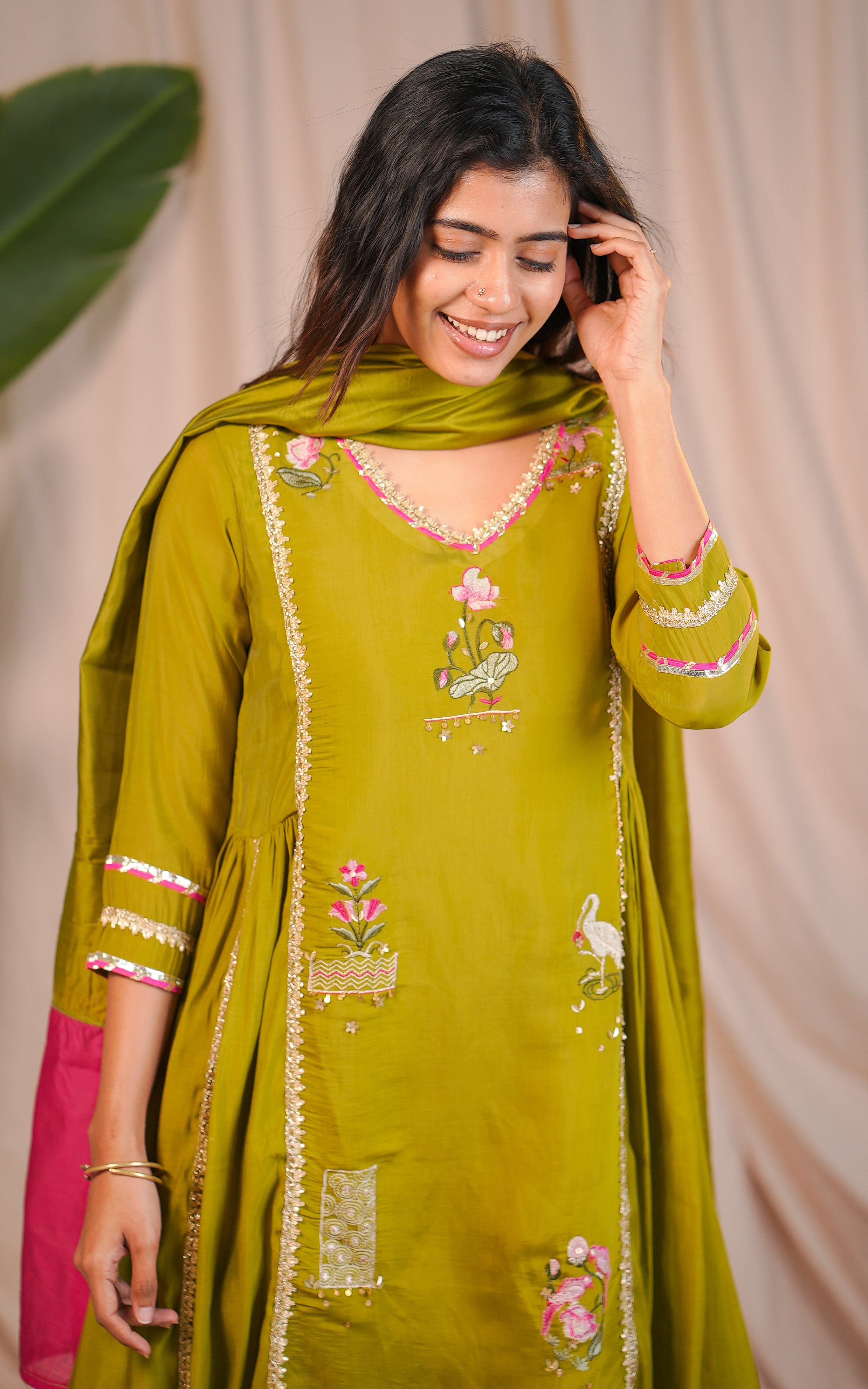 Soft silk blend kurti with thread embroidery for women
