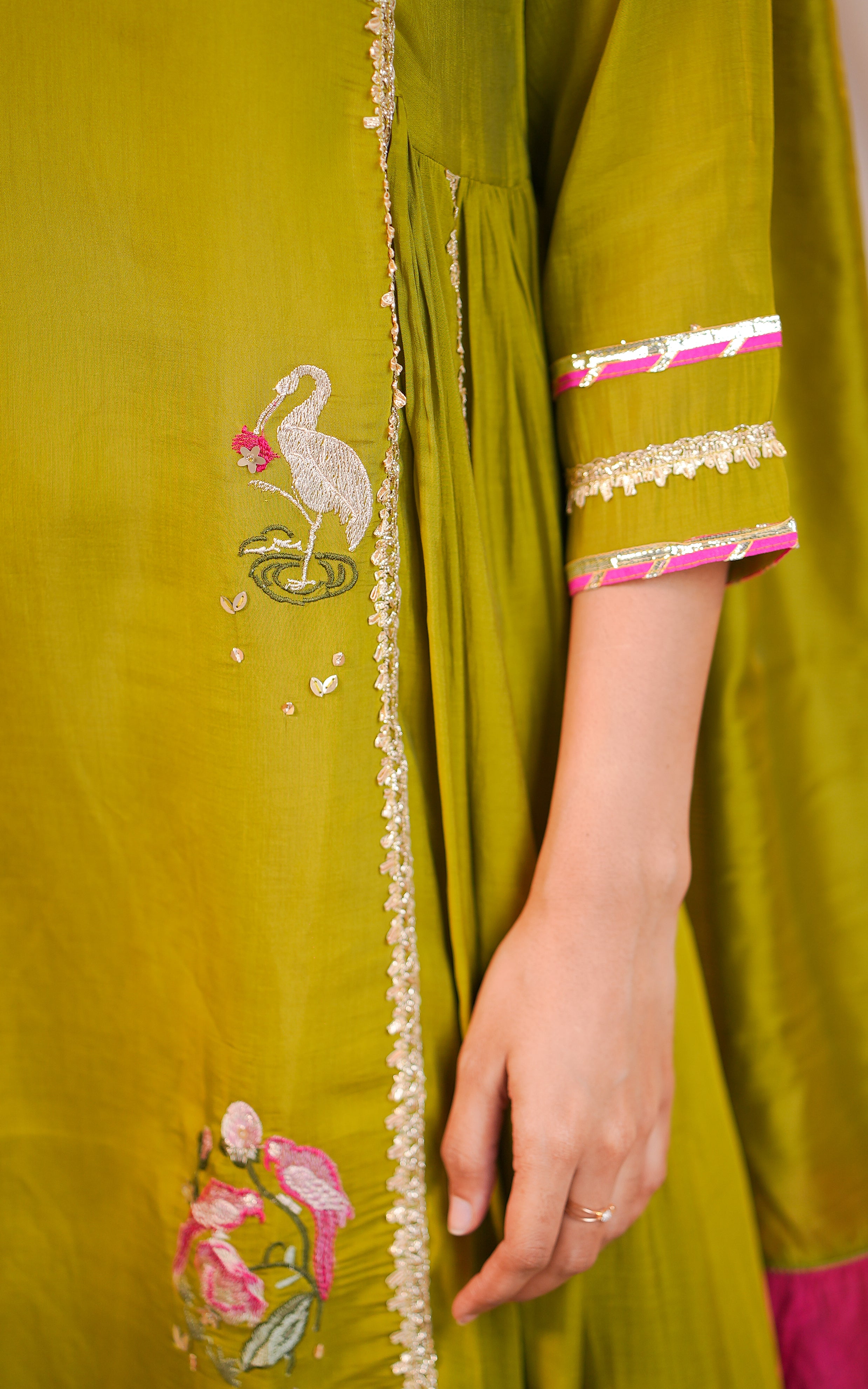Olive green ethnic silk blend kurti for women