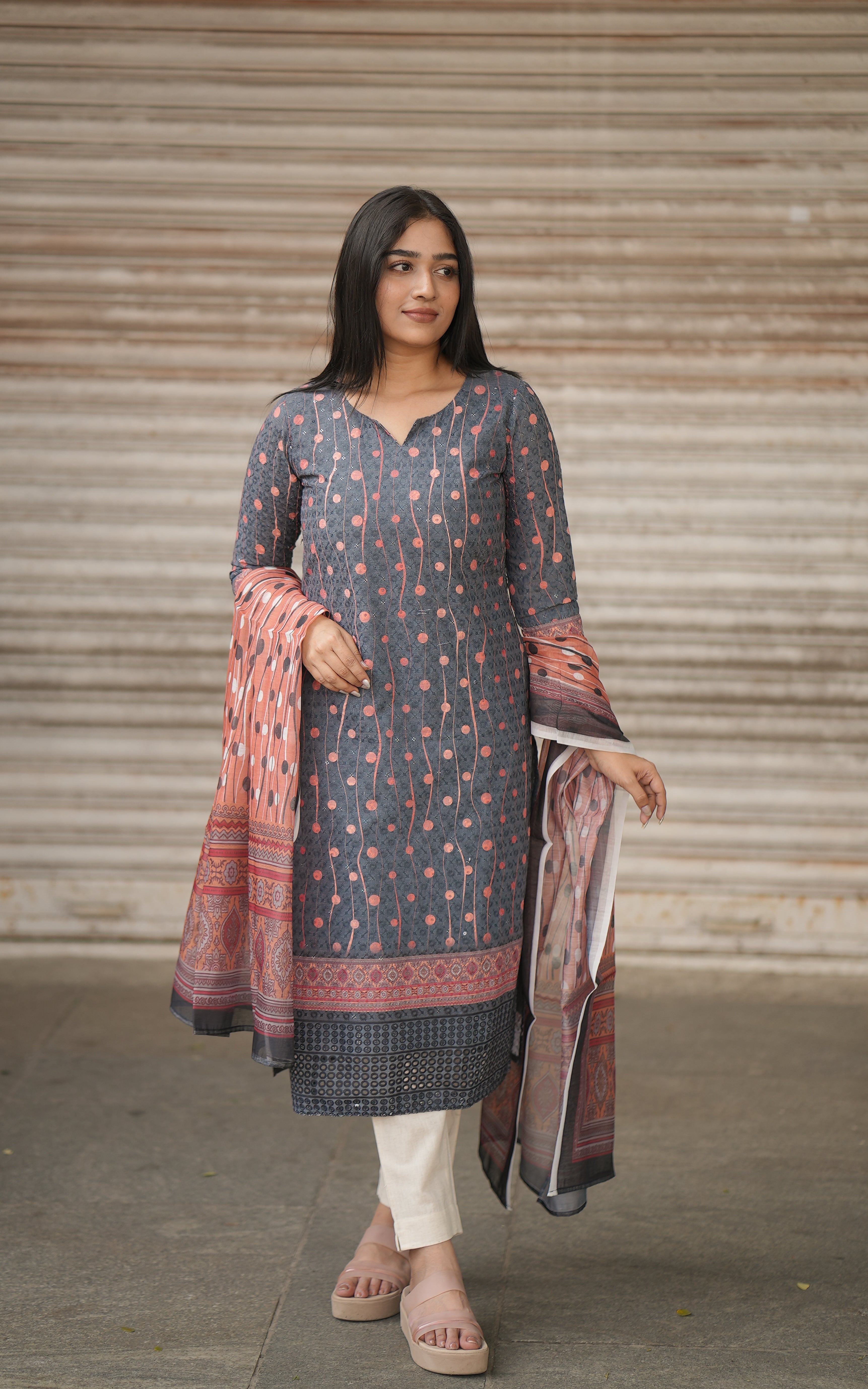 Embroidered Poly Cotton Straight Cut Kurta in Grey and Off White : TPA1979