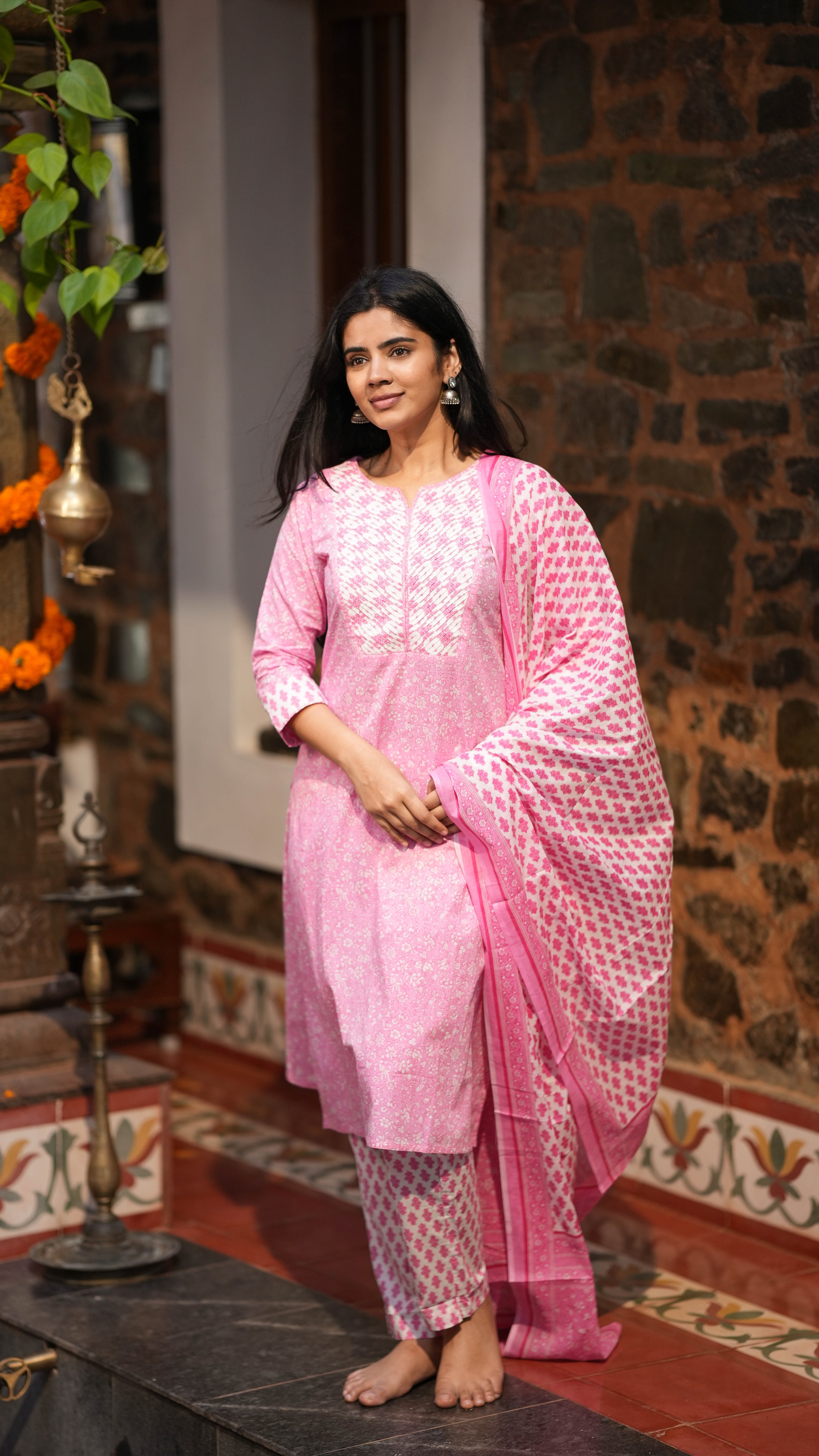 Nyla Pink Printed Cotton Kurti, Sharara & Dupatta Set – Old Marigold