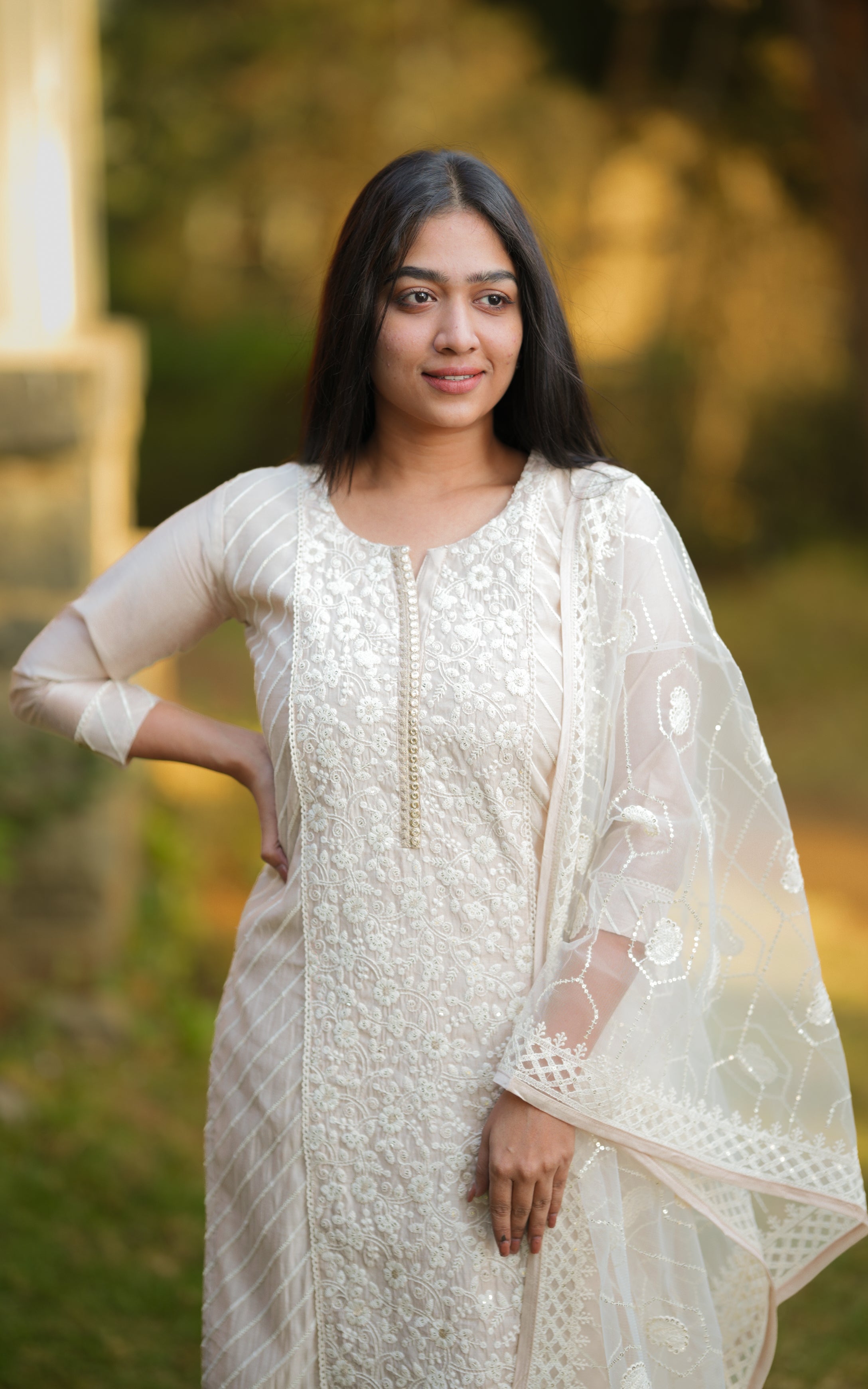 Embroidered Straight Cut Kurti with Pant &amp; Dupatta (with Lining)