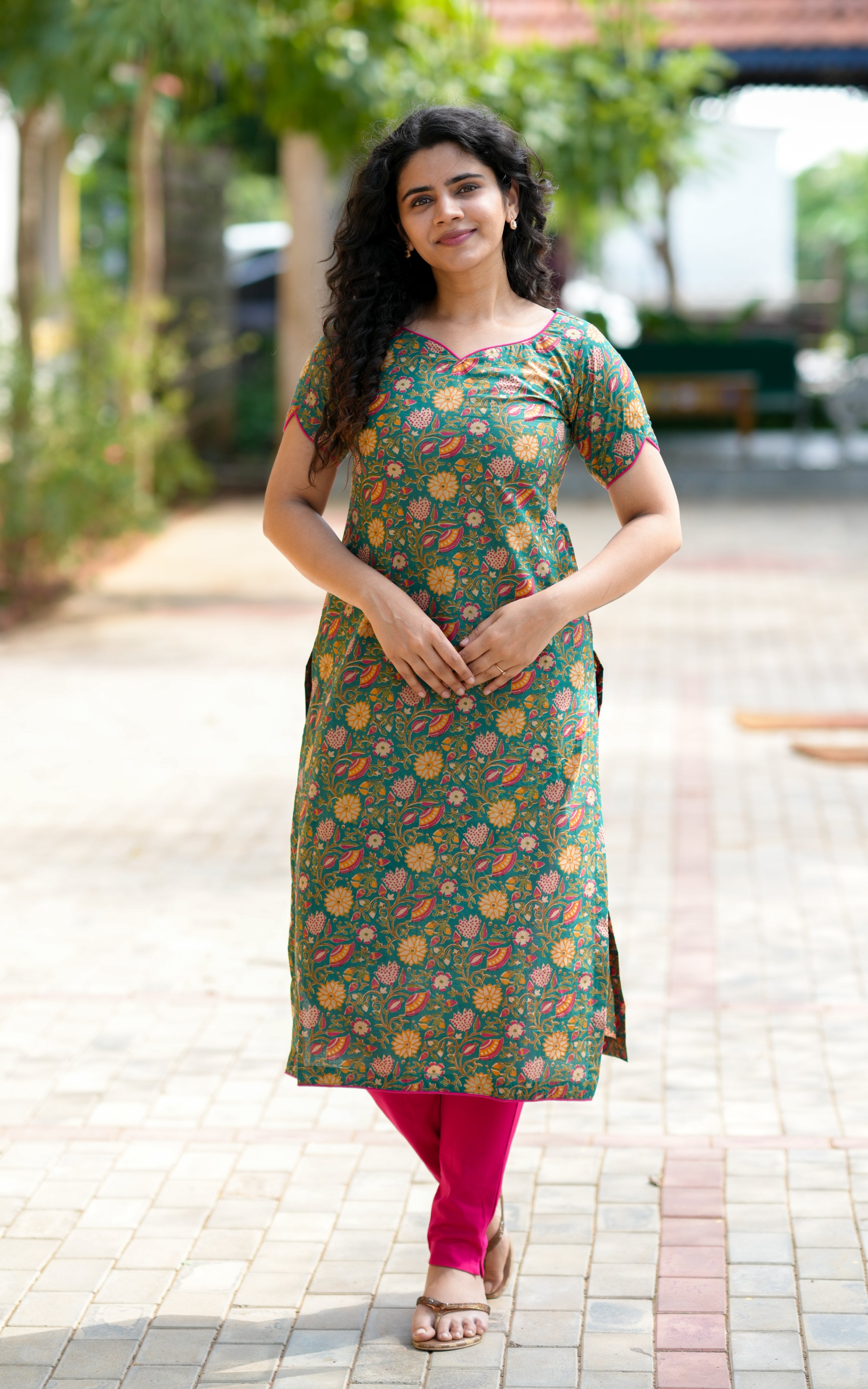 green floral Straight cut kurti 