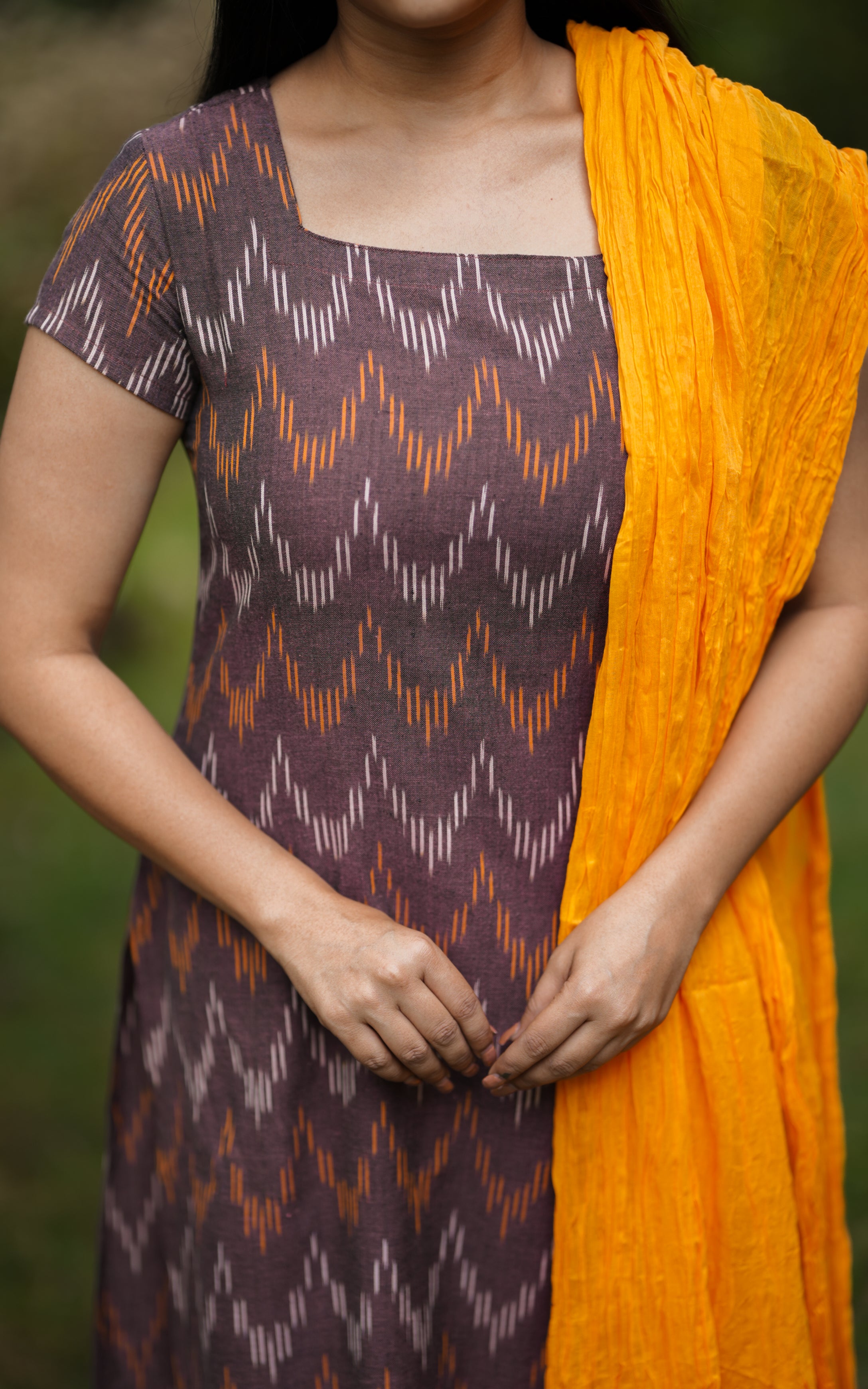 brown kurti with yellow dupatta