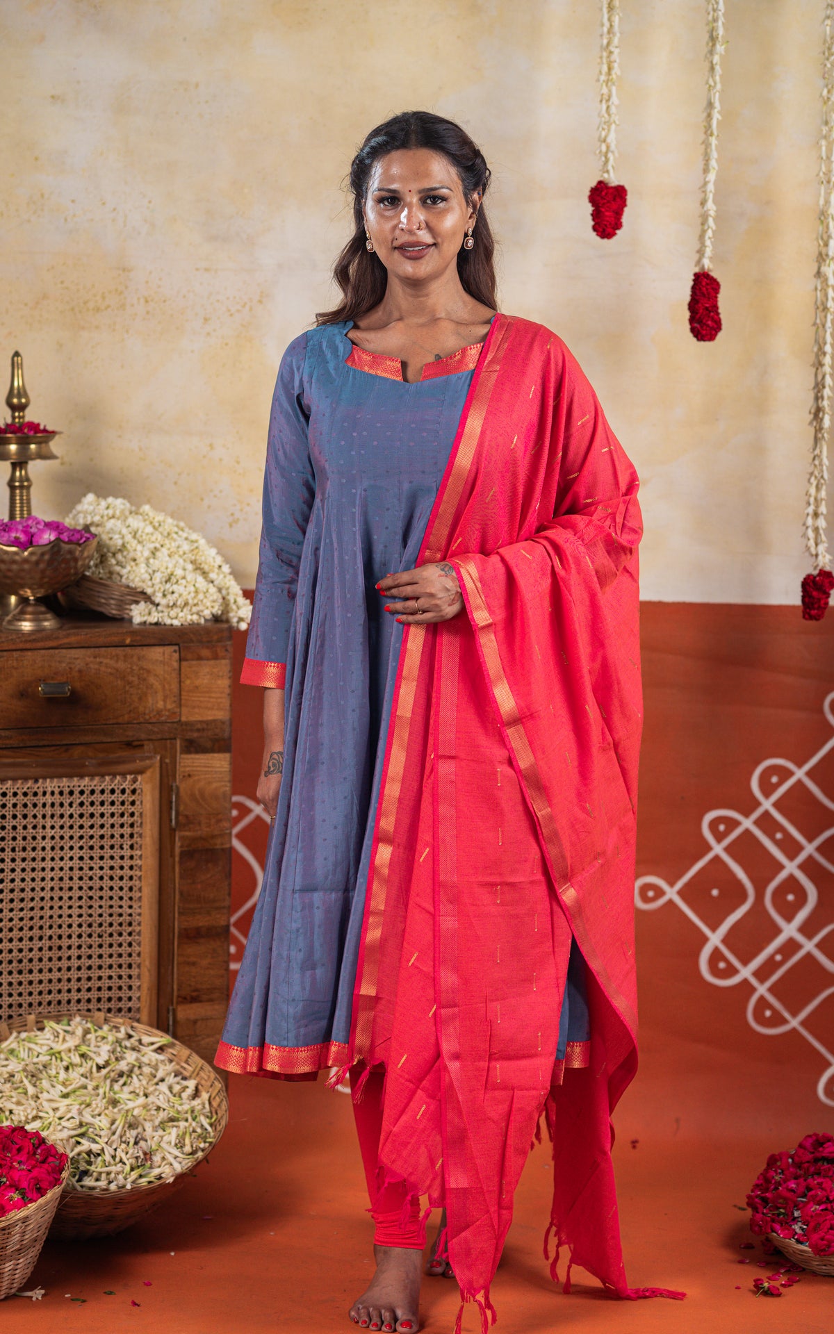 Navarathri Bluish Grey (Kurti+Dupatta)