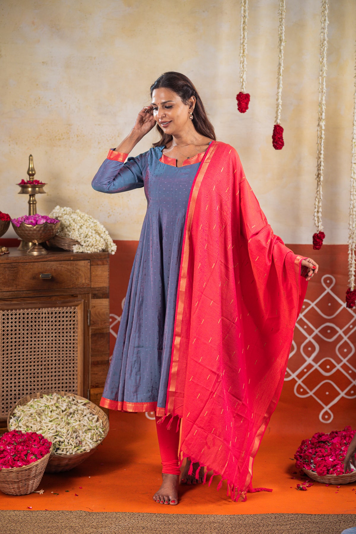 Navarathri Bluish Grey (Kurti+Dupatta)