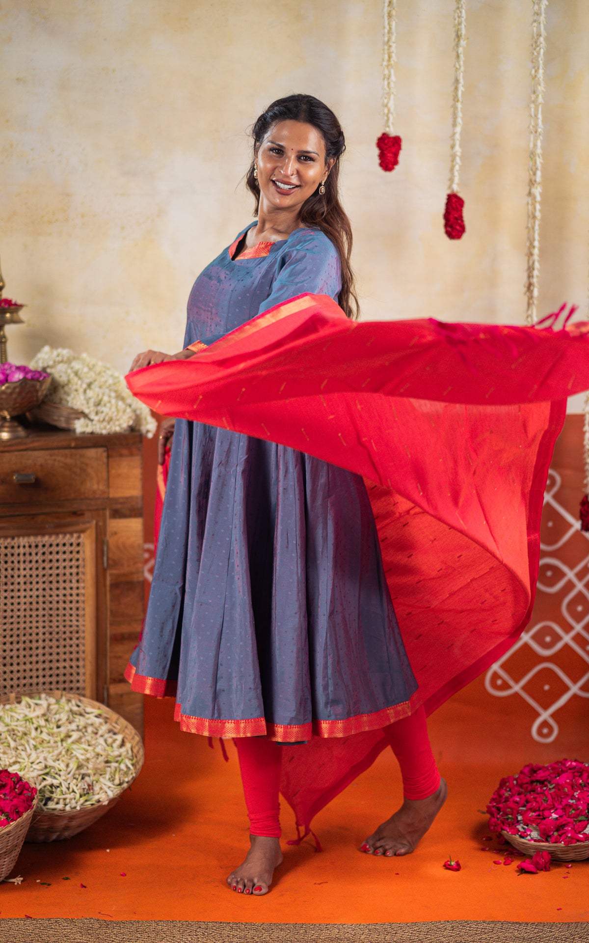 Navarathri Bluish Grey (Kurti+Dupatta)