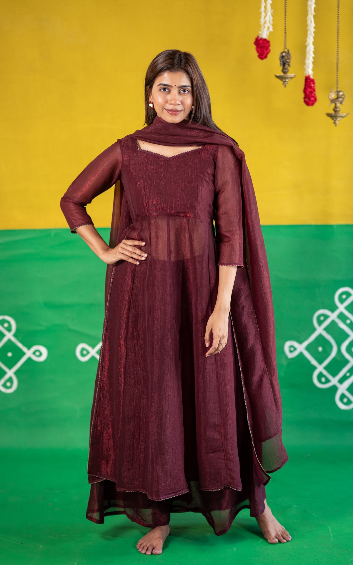 Sparkling Plain Maroon (Kurti+Pant+Dupatta)