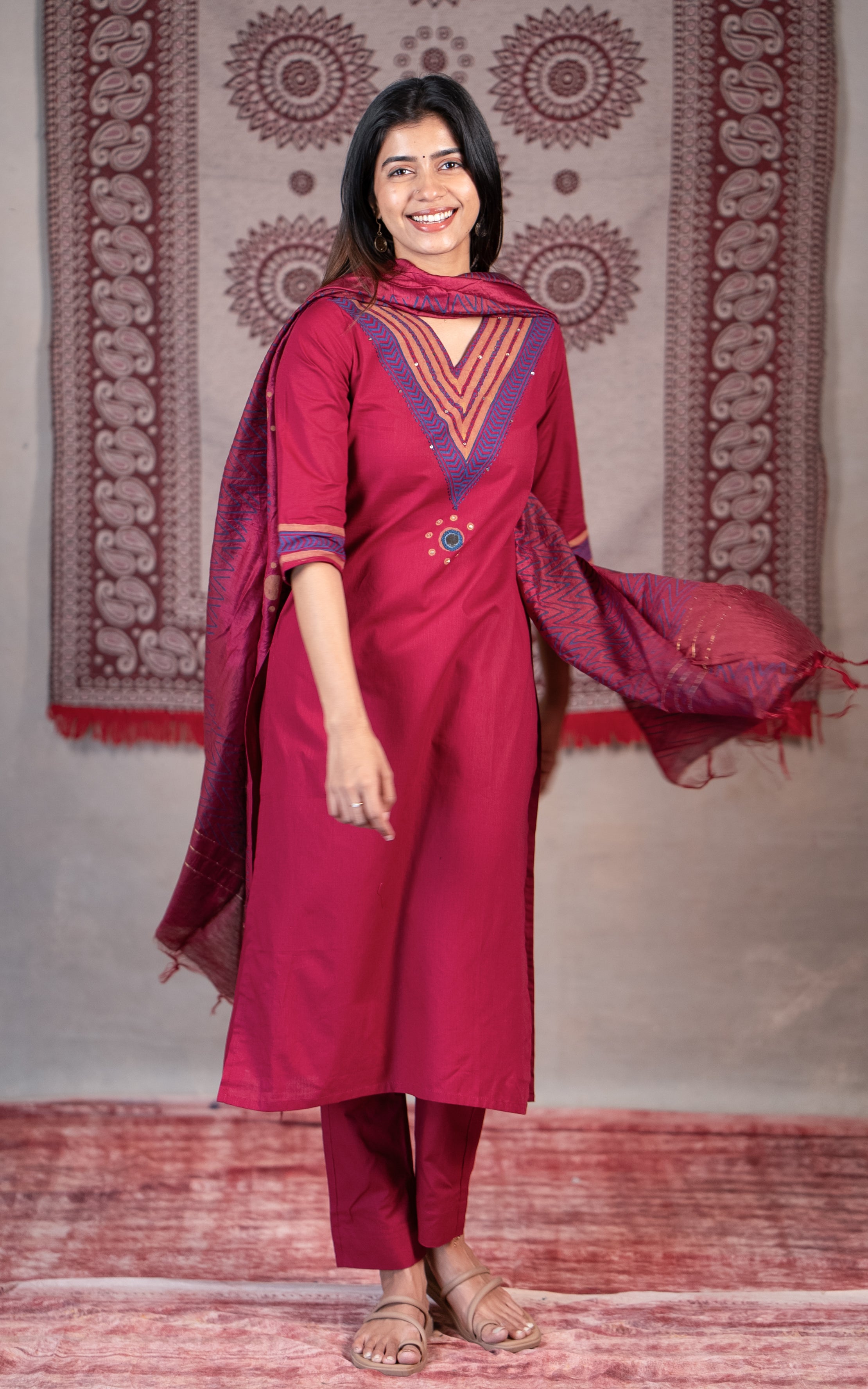 Maroon cotton kurti with side slit for women