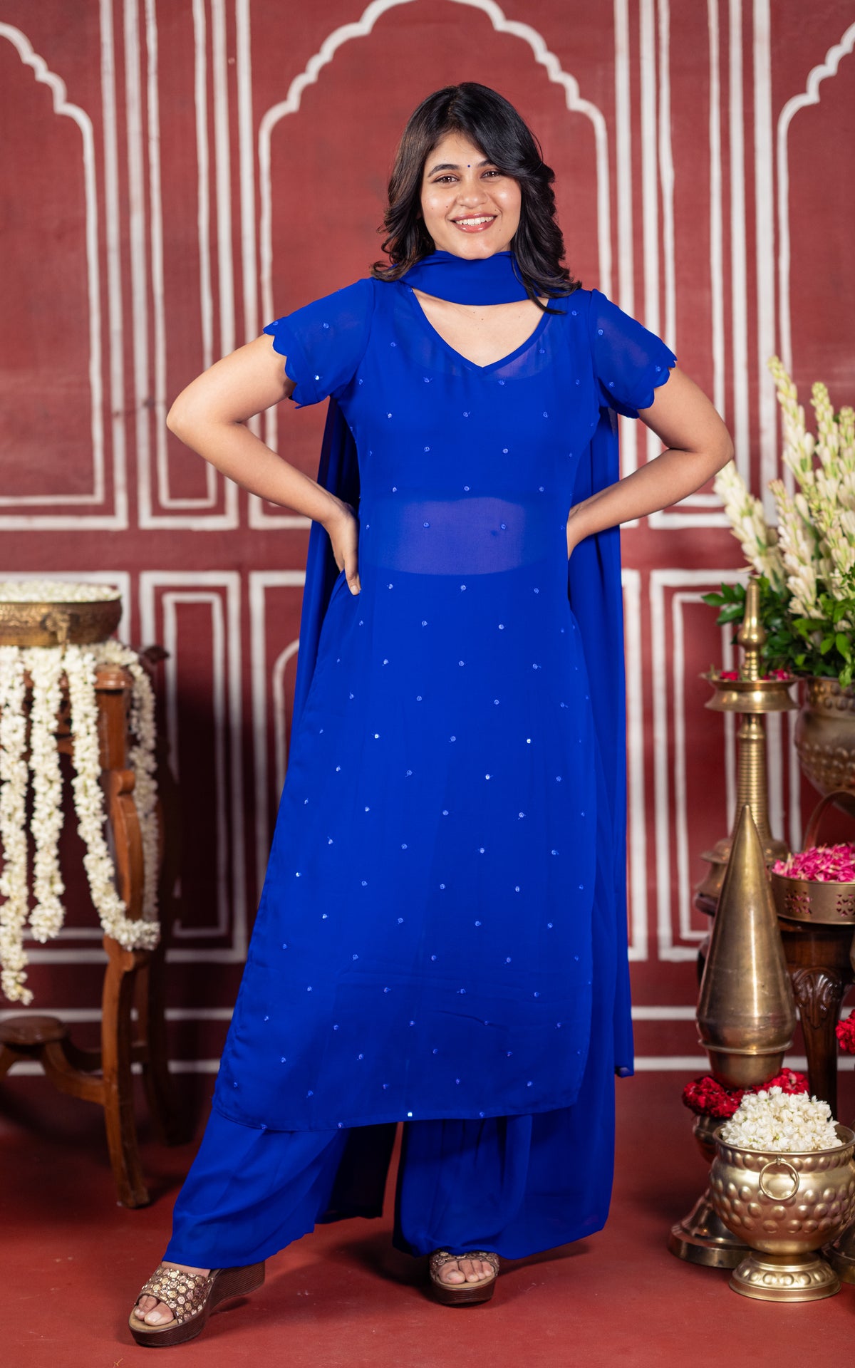 Minnale Petals Royal Blue (Kurti+Pant+Dupatta)