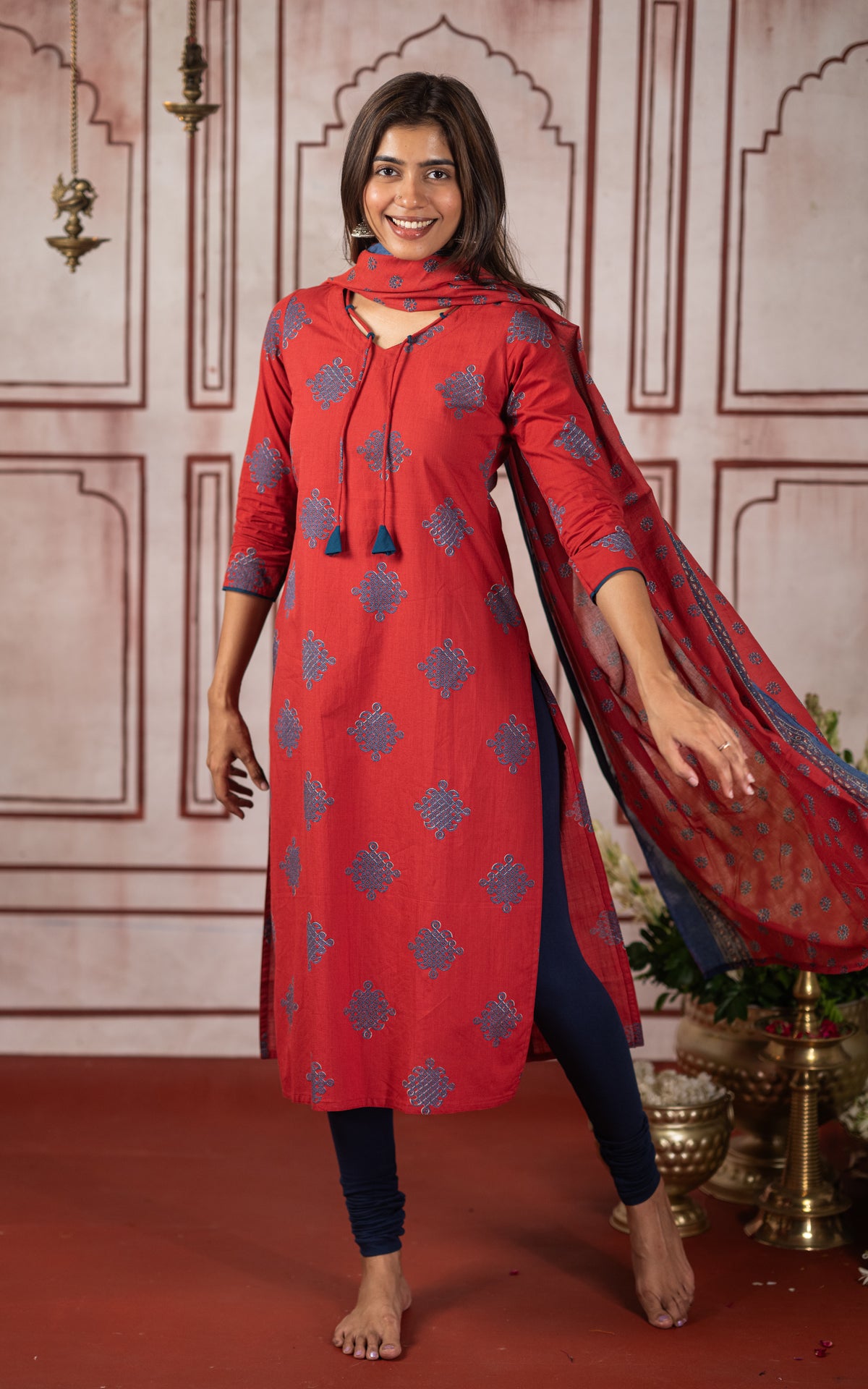 Dhinam Oru Kolam Brick Red (Kurti+Dupatta)