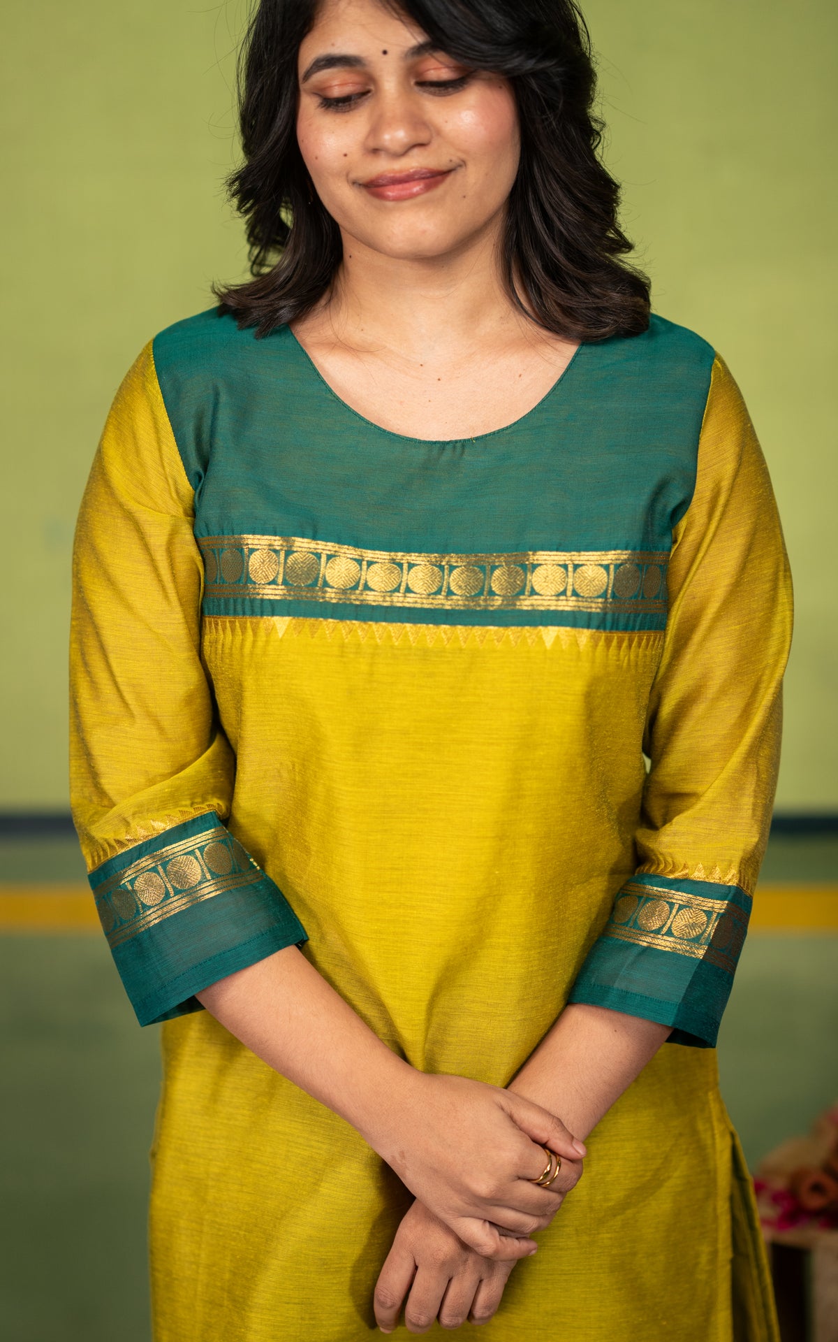 Lime Yellow Art Chanderi Diwali Collection Kurti Dupatta Set