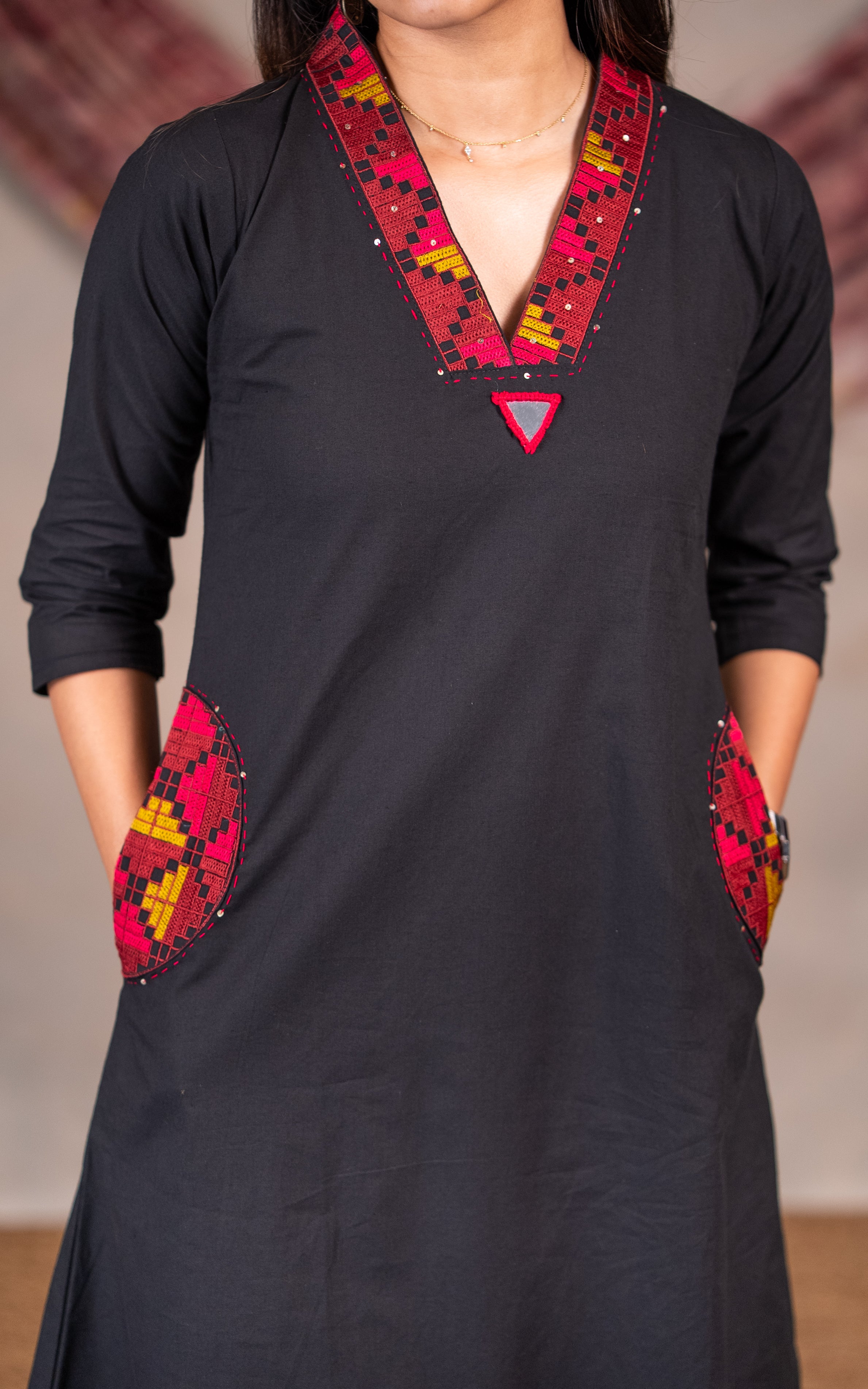 Women’s Black Cotton A-Line Kurti with Embroidery and Handblock Dupatta – Ideal for Daily Wear, Office Wear and Ethnic Wear