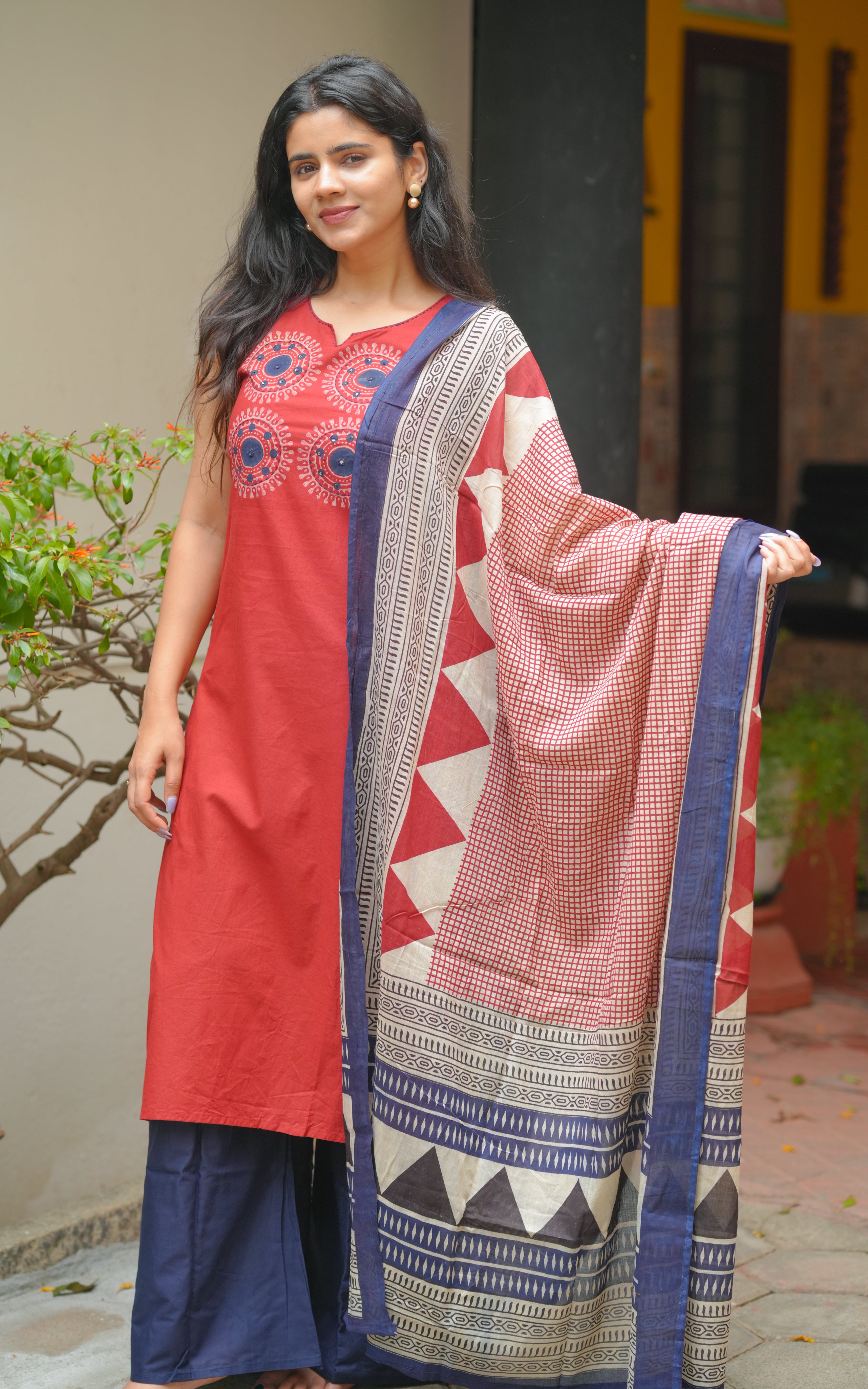 Handblock Printed Cotton Straight Kurti Set with Pant and Dupatta