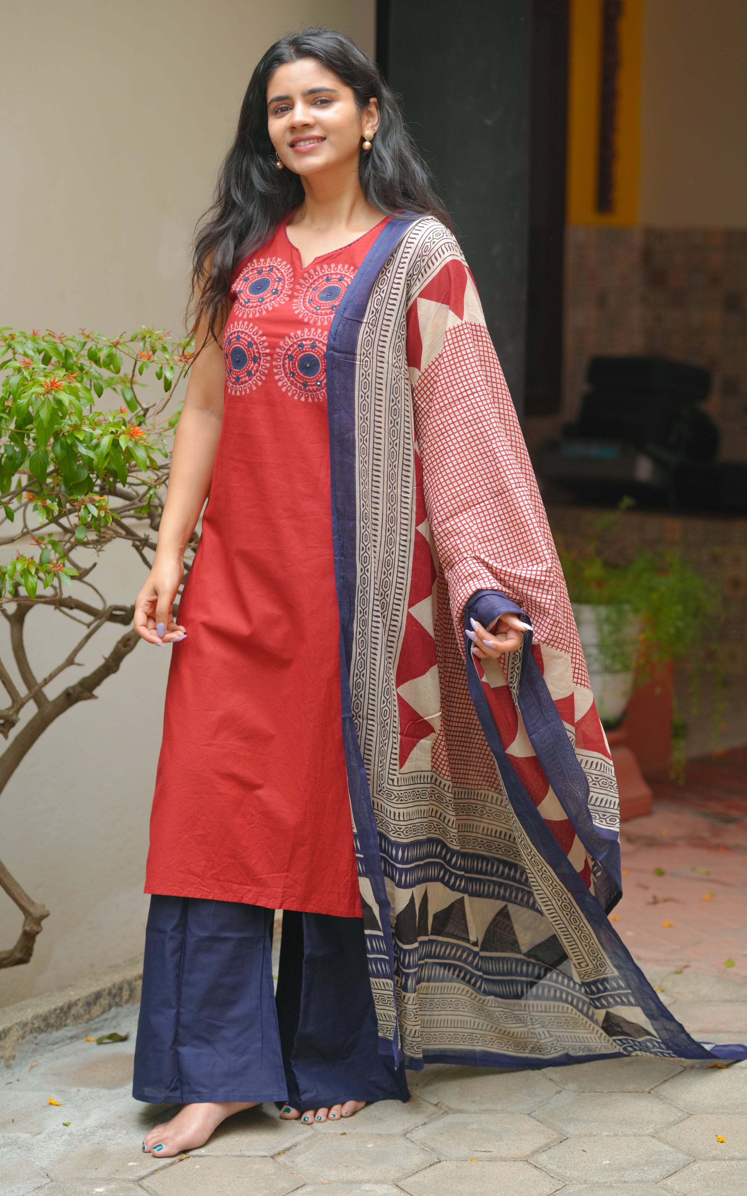 elegant handblock printed straight cut kurti set