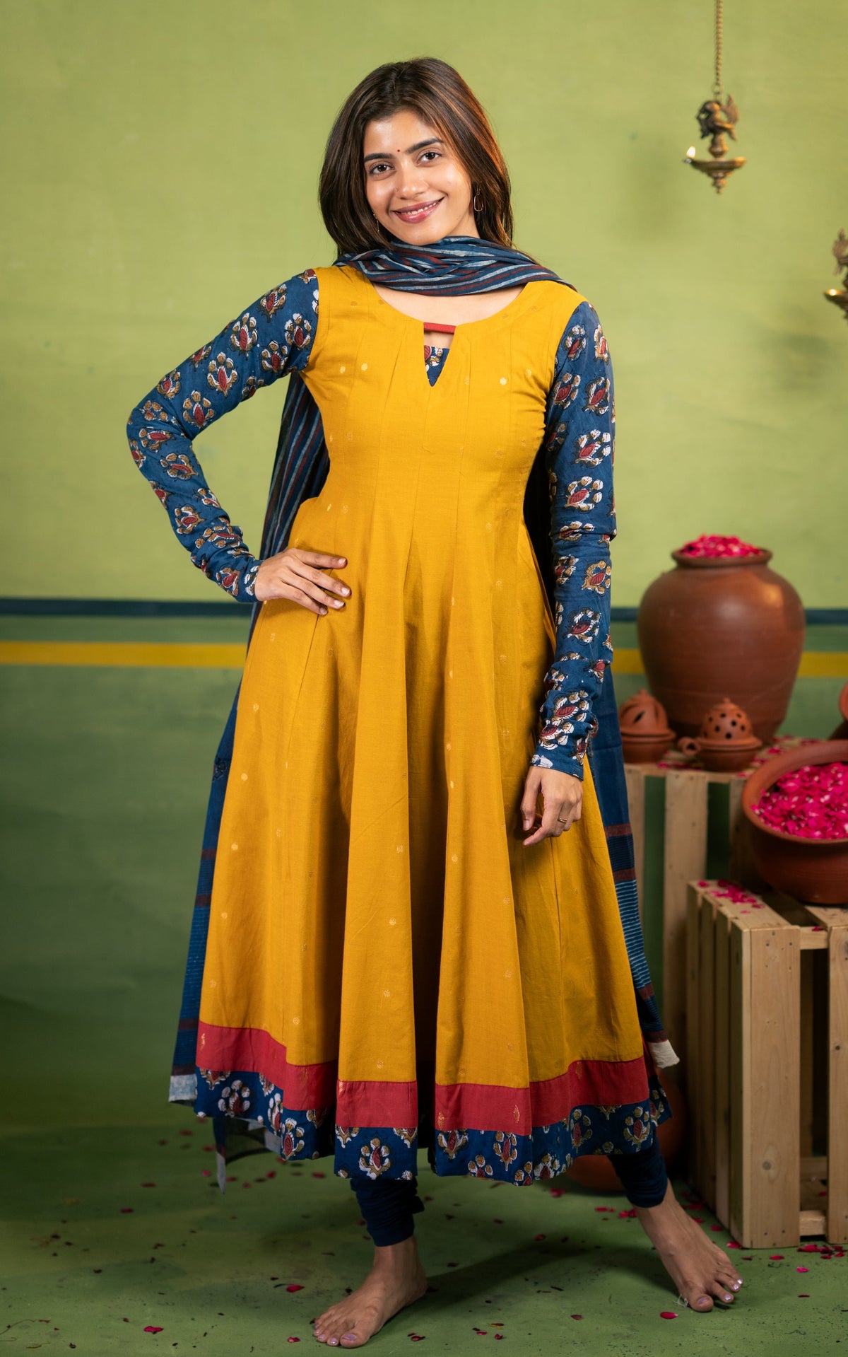 Mustard and Indigo Blue Navaratri Collection South Cotton Anarkali Set