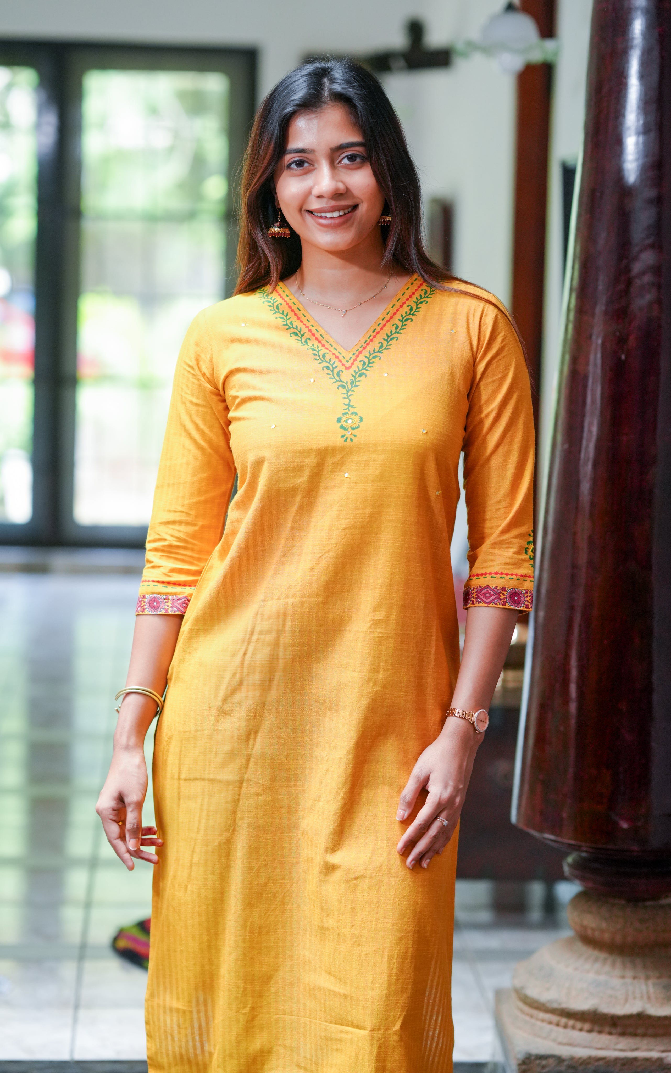 The outfit has no lining, making it light and airy for everyday wear.
Mustard yellow color gives it a warm and festive look.