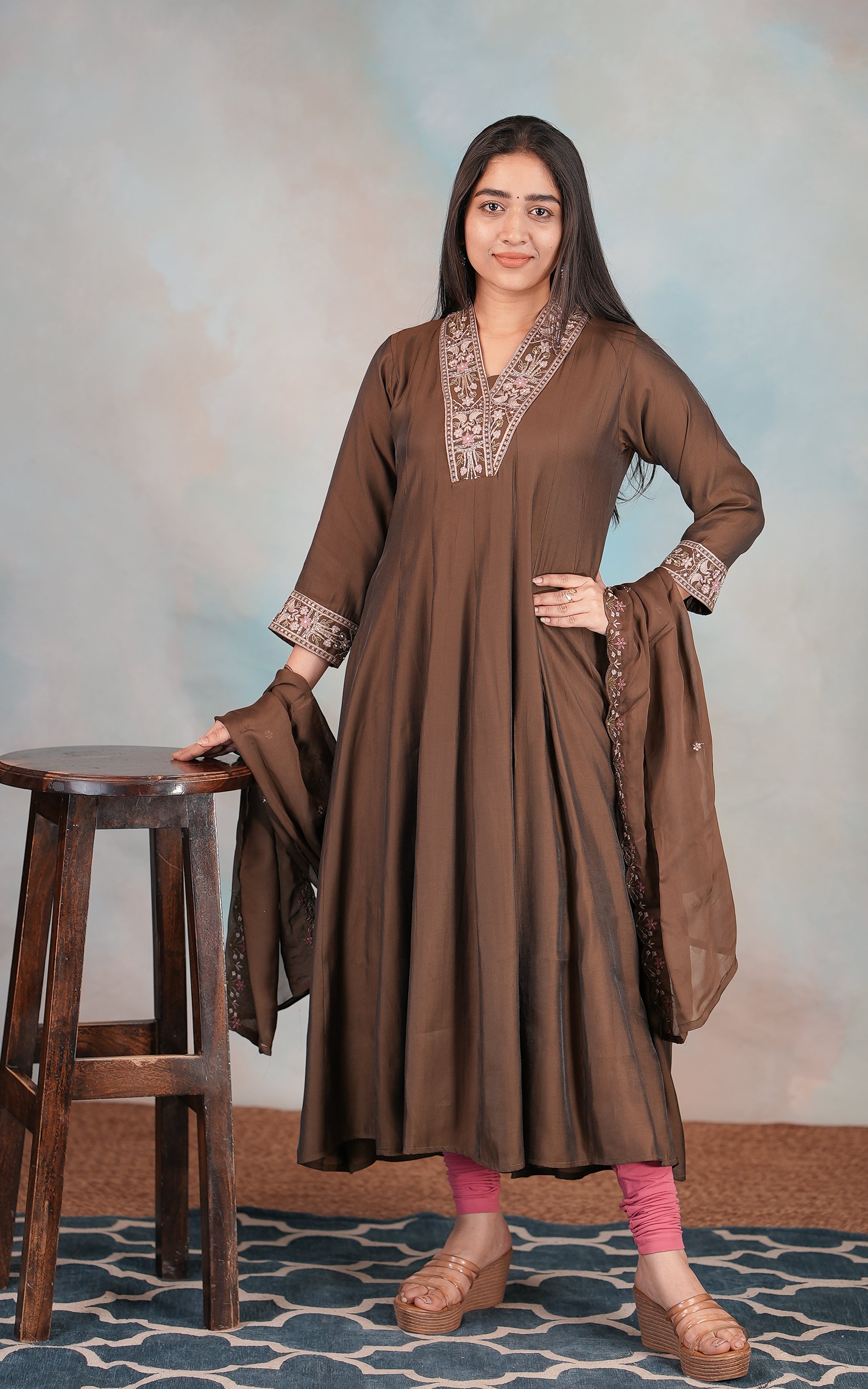 Instore-Art Silk Dark Olive Green Flared Aline Kurti Featuring V Neck with Thread Embroidery and Beads Work Georgette Dupatta Featuring Delicate Floral Embroidery and a Scalloped Edge 
