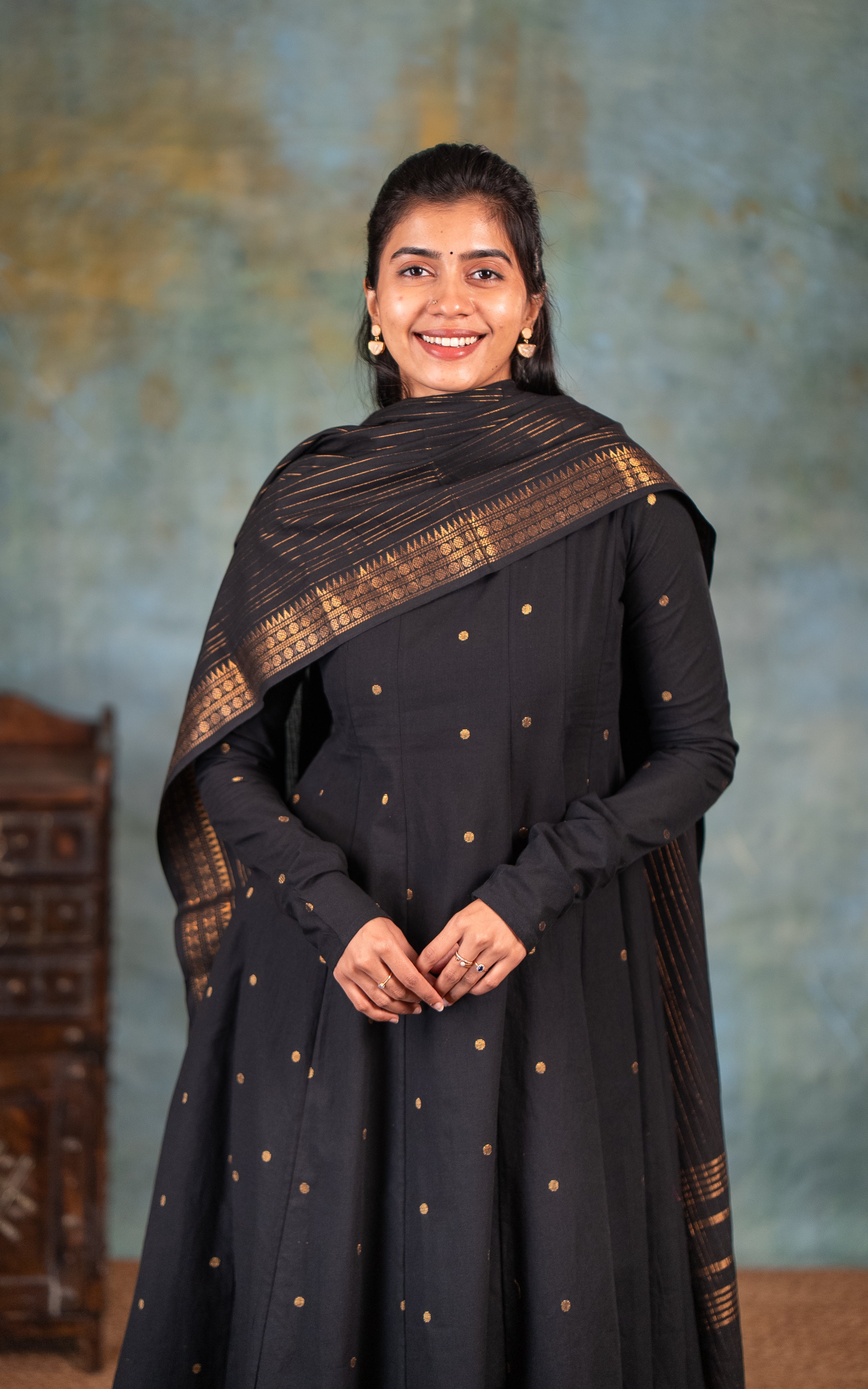 Instore - Black Color South Cotton Flared Anarkali Kurti with Gathered Sleeve, Palazzo Pant & South Cotton Dupatta