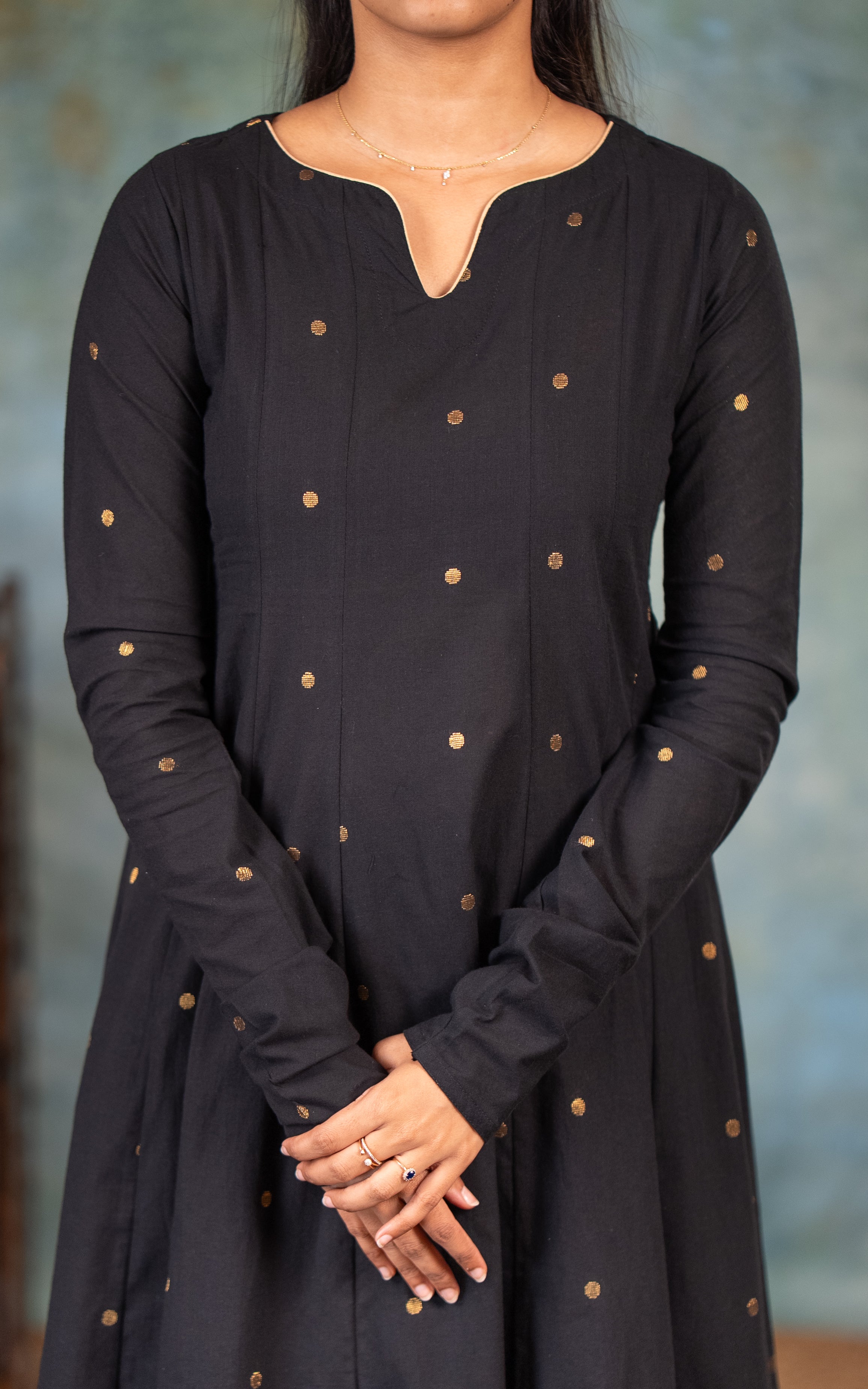 Instore - Black Color South Cotton Flared Anarkali Kurti with Gathered Sleeve, Palazzo Pant & South Cotton Dupatta