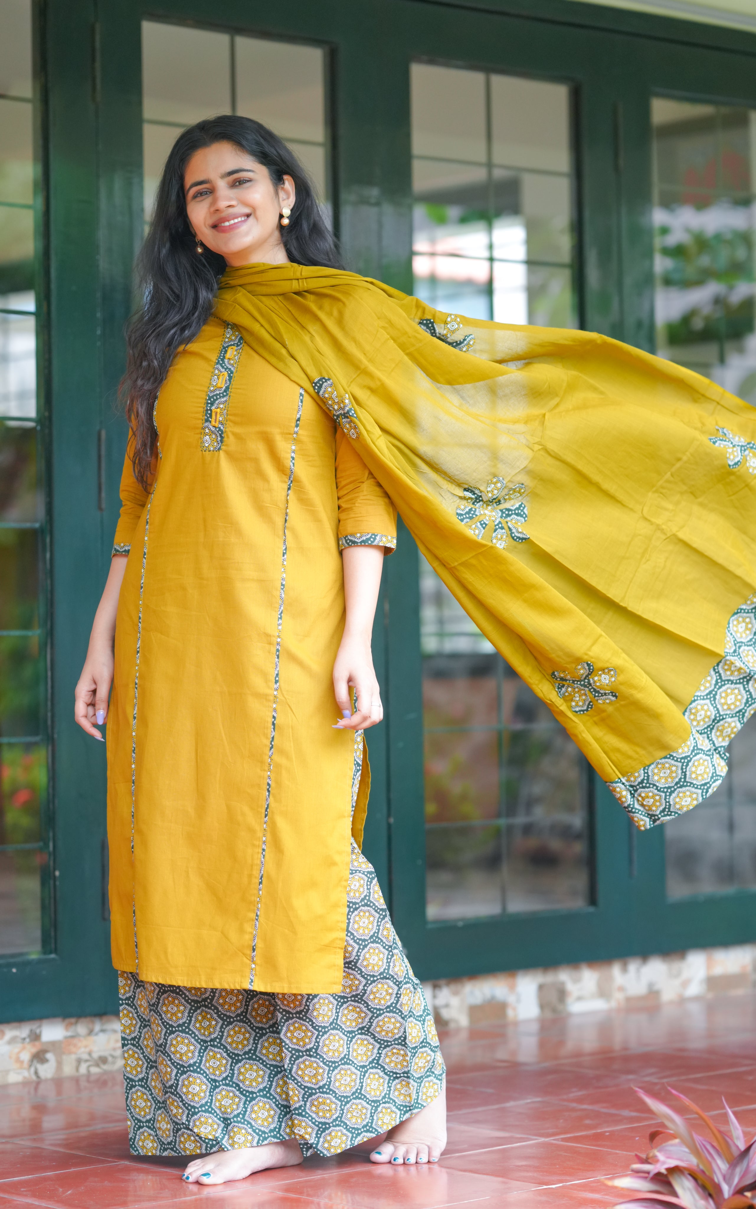 Alana Mustard HandBlock (Kurti+Pant+Dupatta)