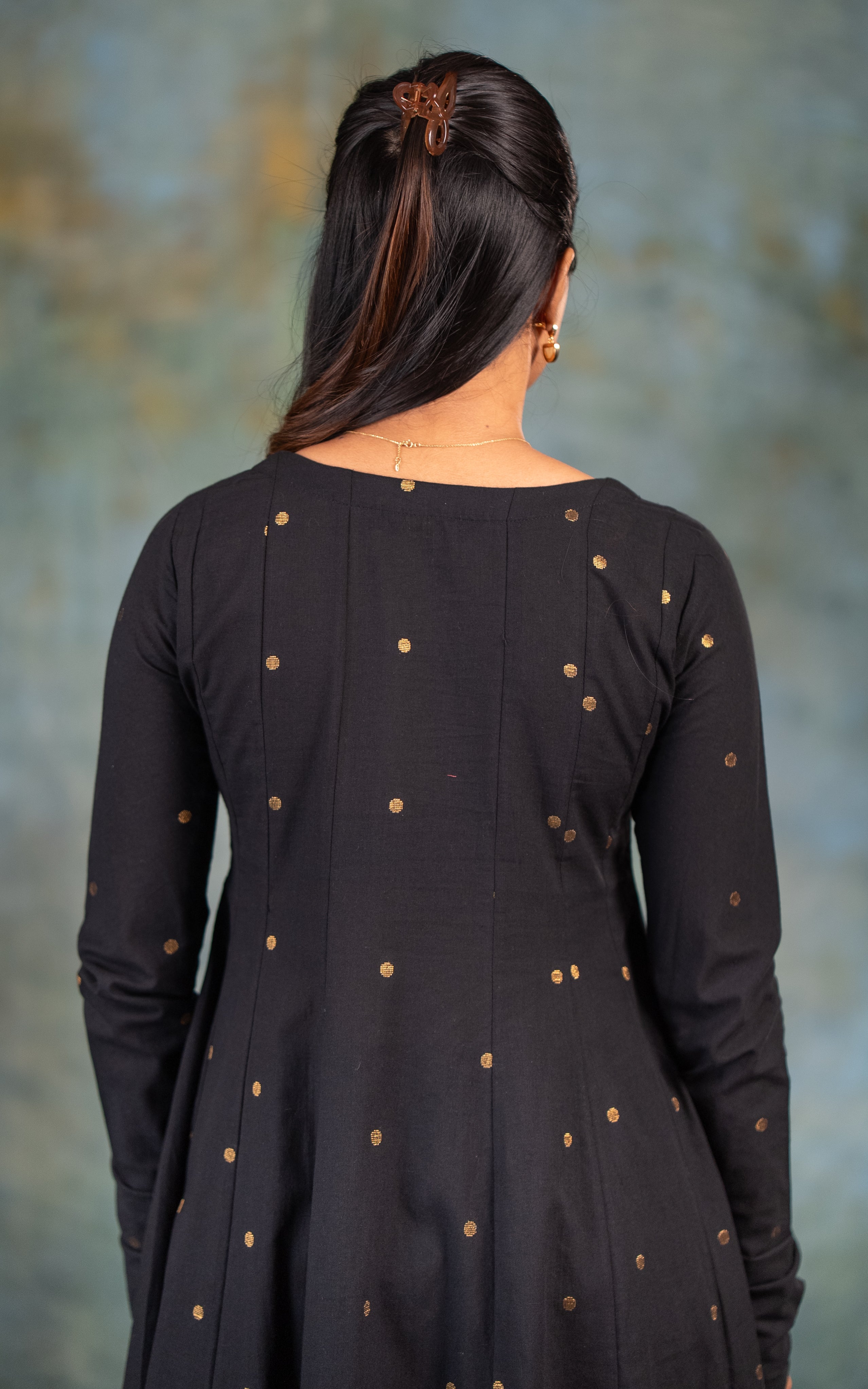 Instore - Black Color South Cotton Flared Anarkali Kurti with Gathered Sleeve, Palazzo Pant & South Cotton Dupatta