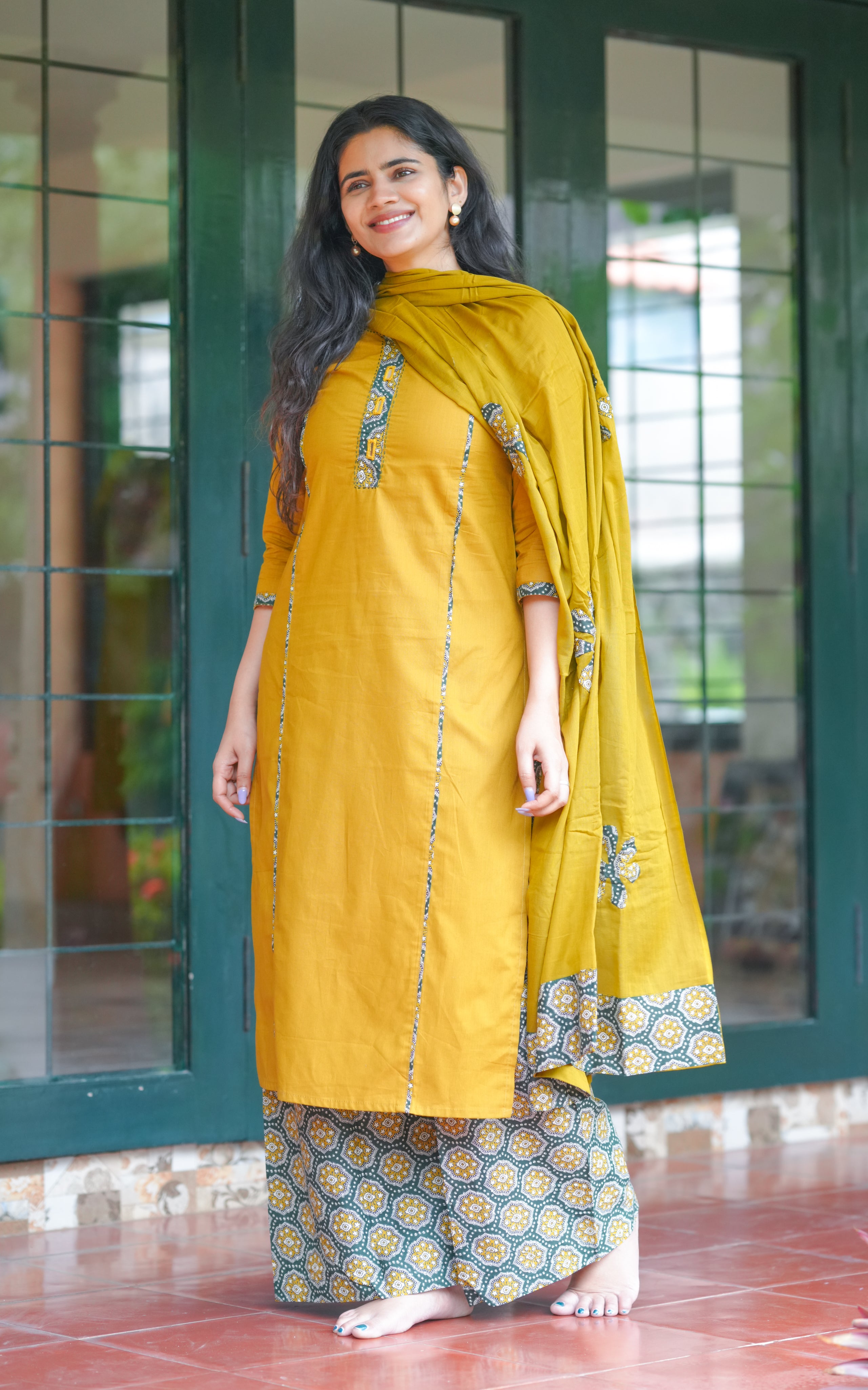 Alana Mustard HandBlock (Kurti+Pant+Dupatta)