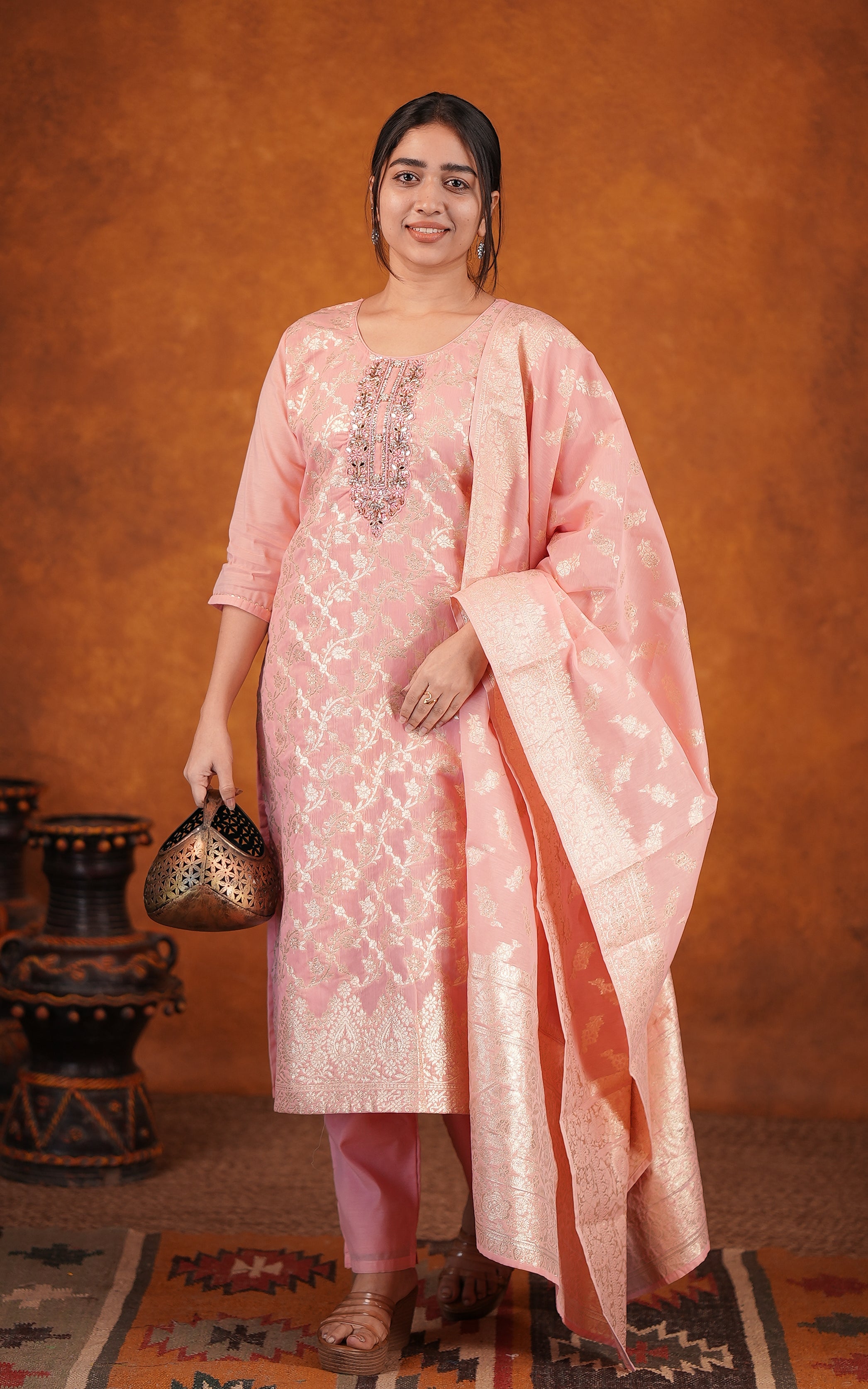 Pastel peach art silk straight cut kurti set for women