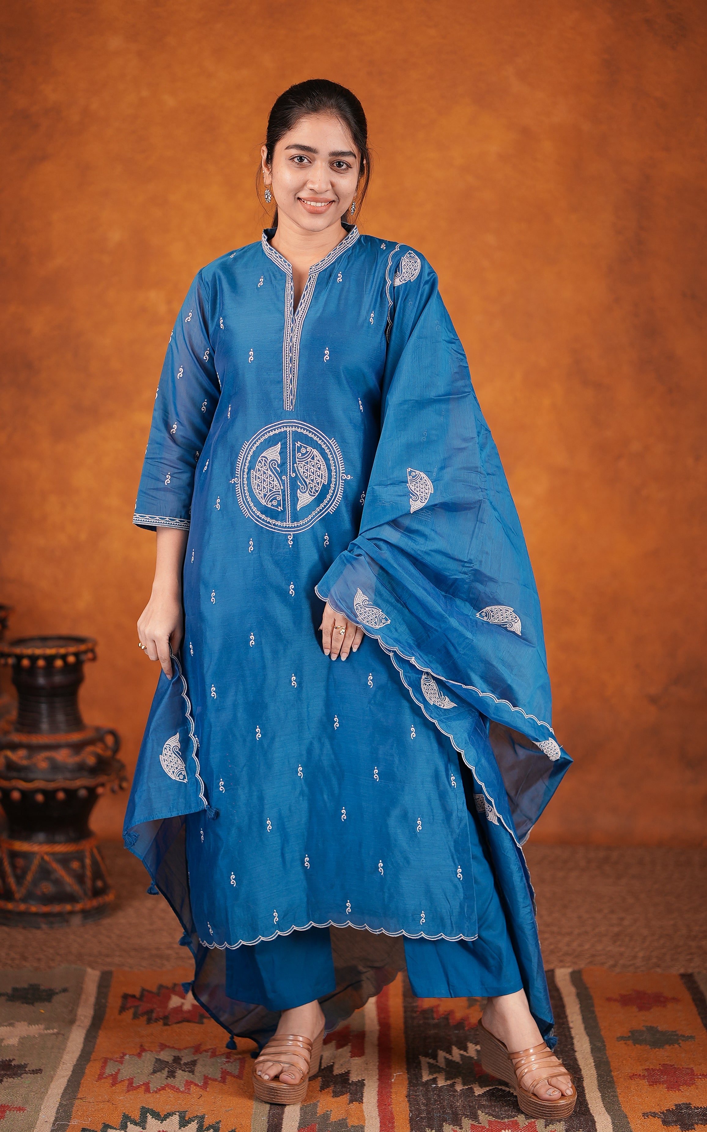 Dark peacock blue art silk straight cut kurti set for women