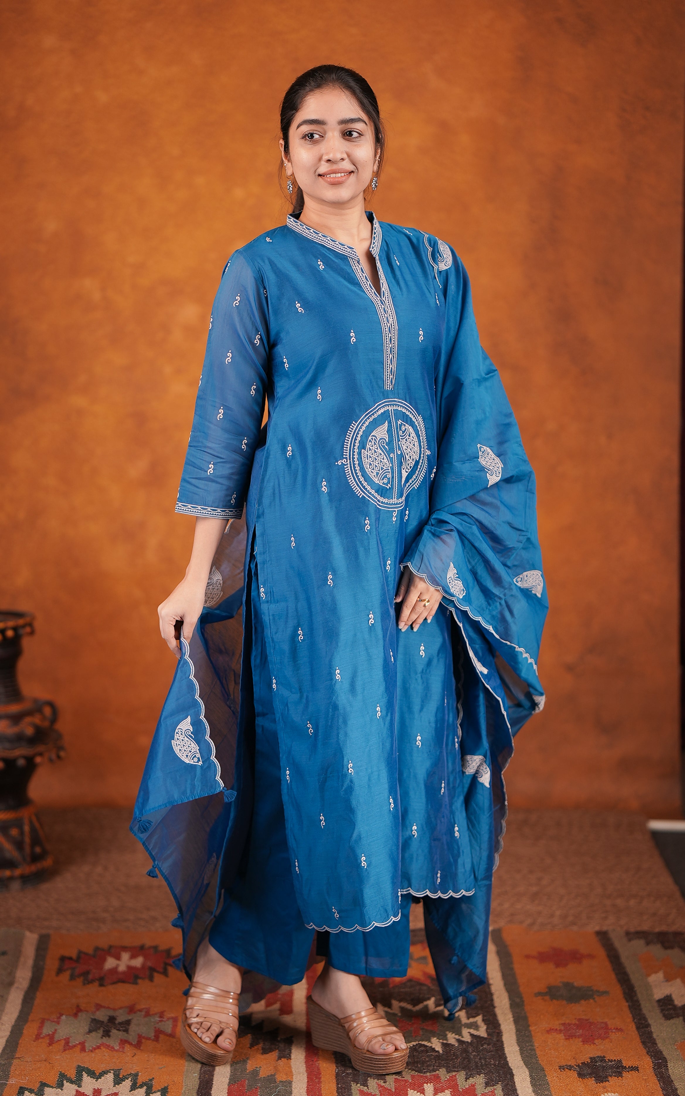 Art silk thread embroidery kurti with dupatta for women