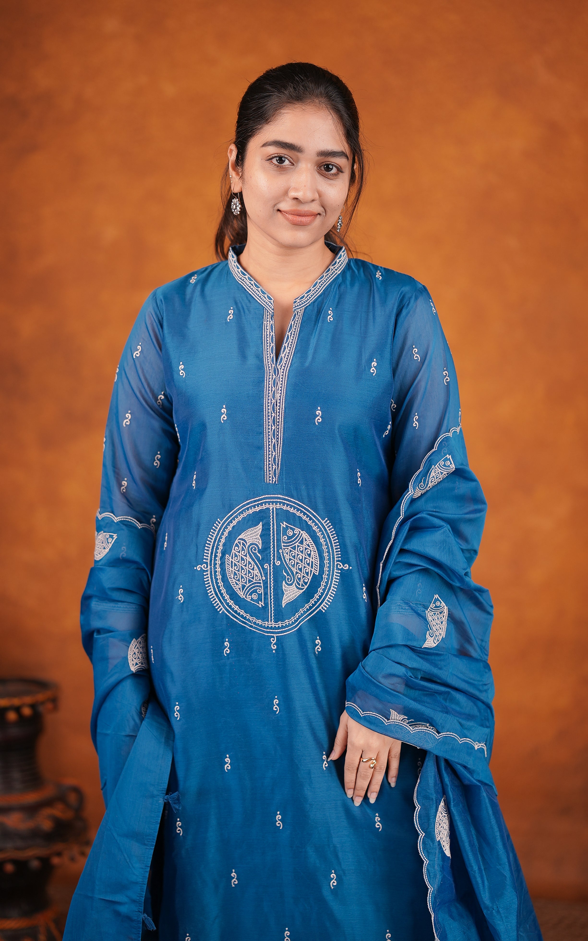 Dark peacock blue art silk kurti with stretchable cotton pant for women