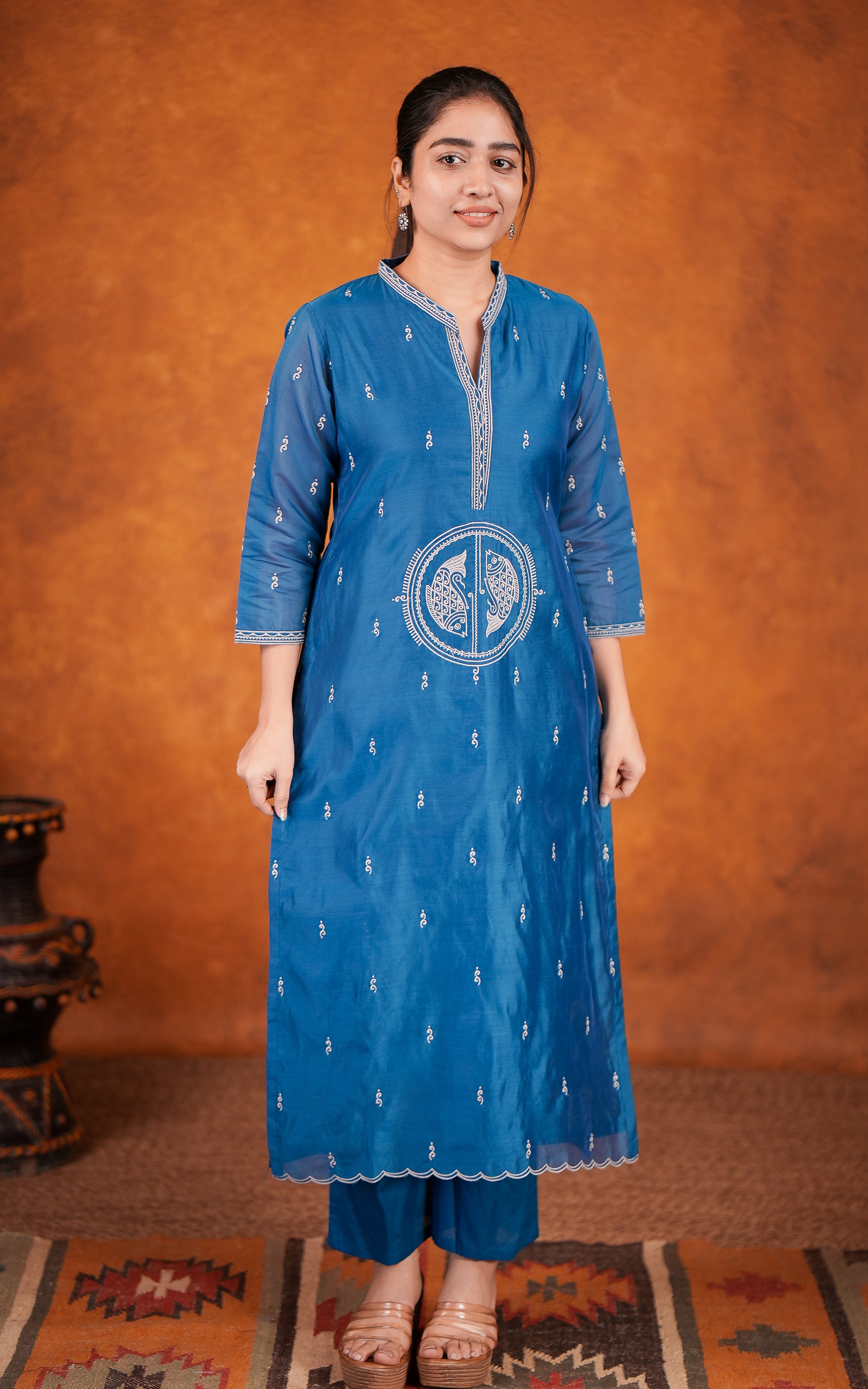 Thread work art silk side slit kurti for women