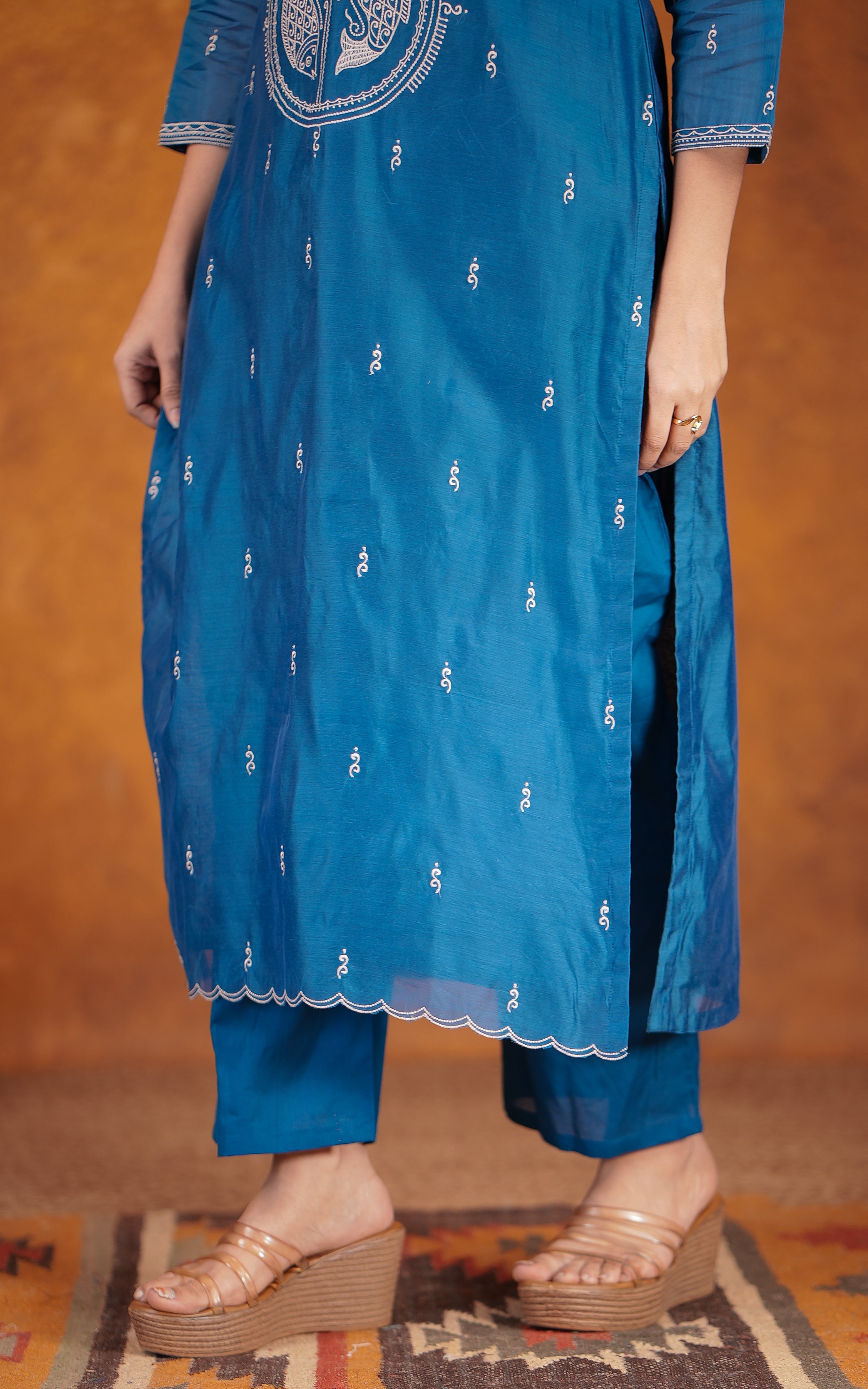 Festive wear dark peacock blue art silk kurti set for women