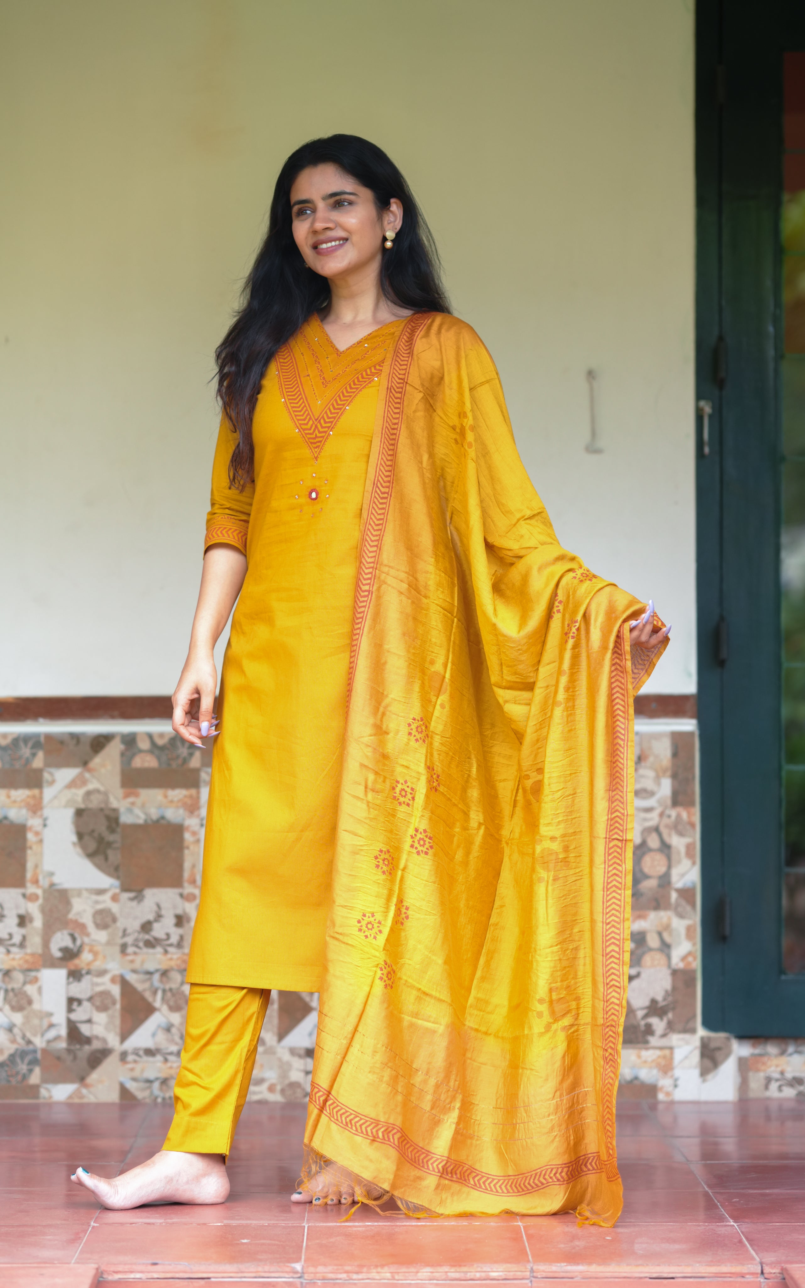  HandBlock Printed Straight Cut Kurti with matching HandBlock Dupatta