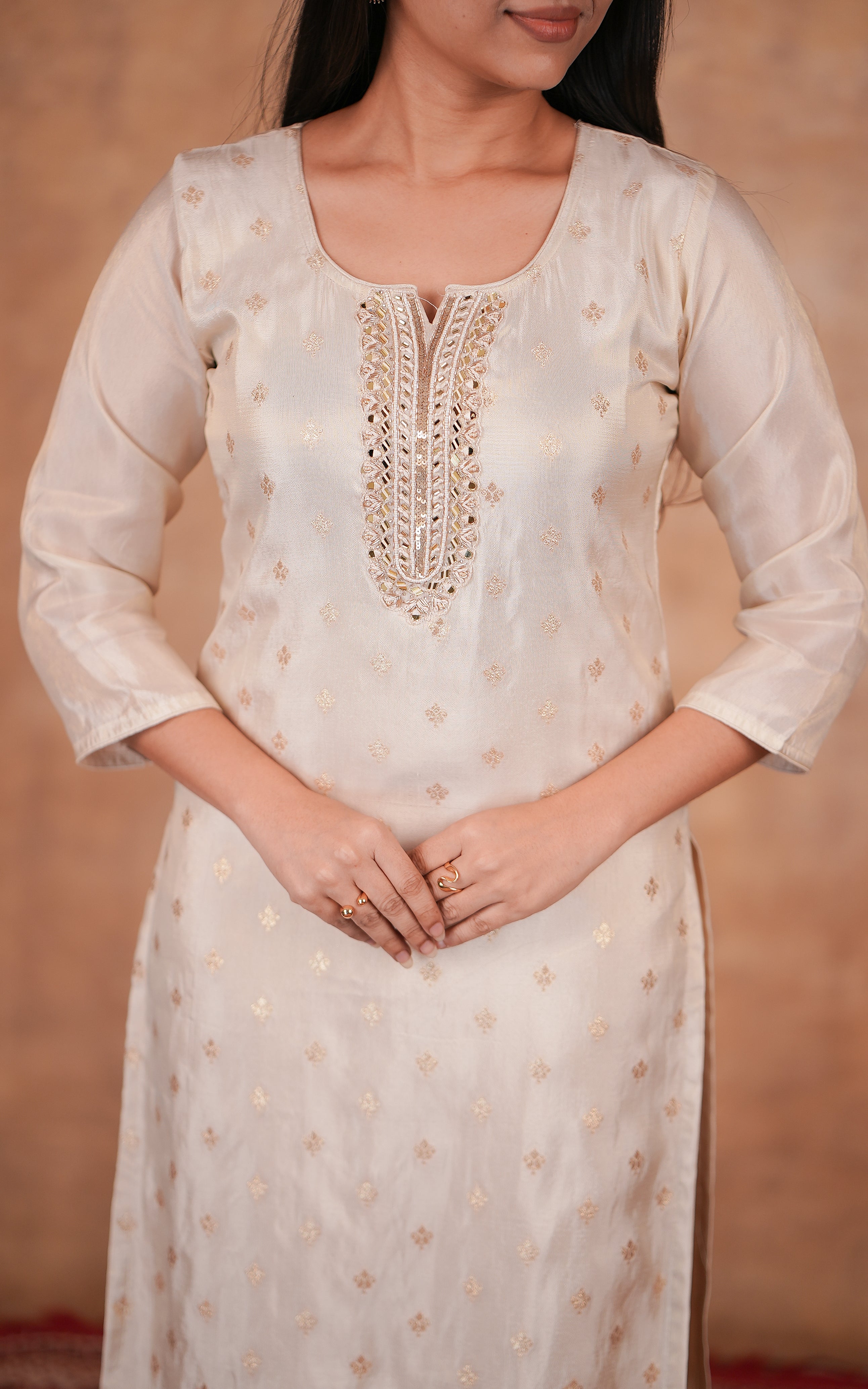 Instore - Off White Color Art Silk Straight Cut Kurti with Embroidered and Zari Butta Detailing & Butter Crepe Lining