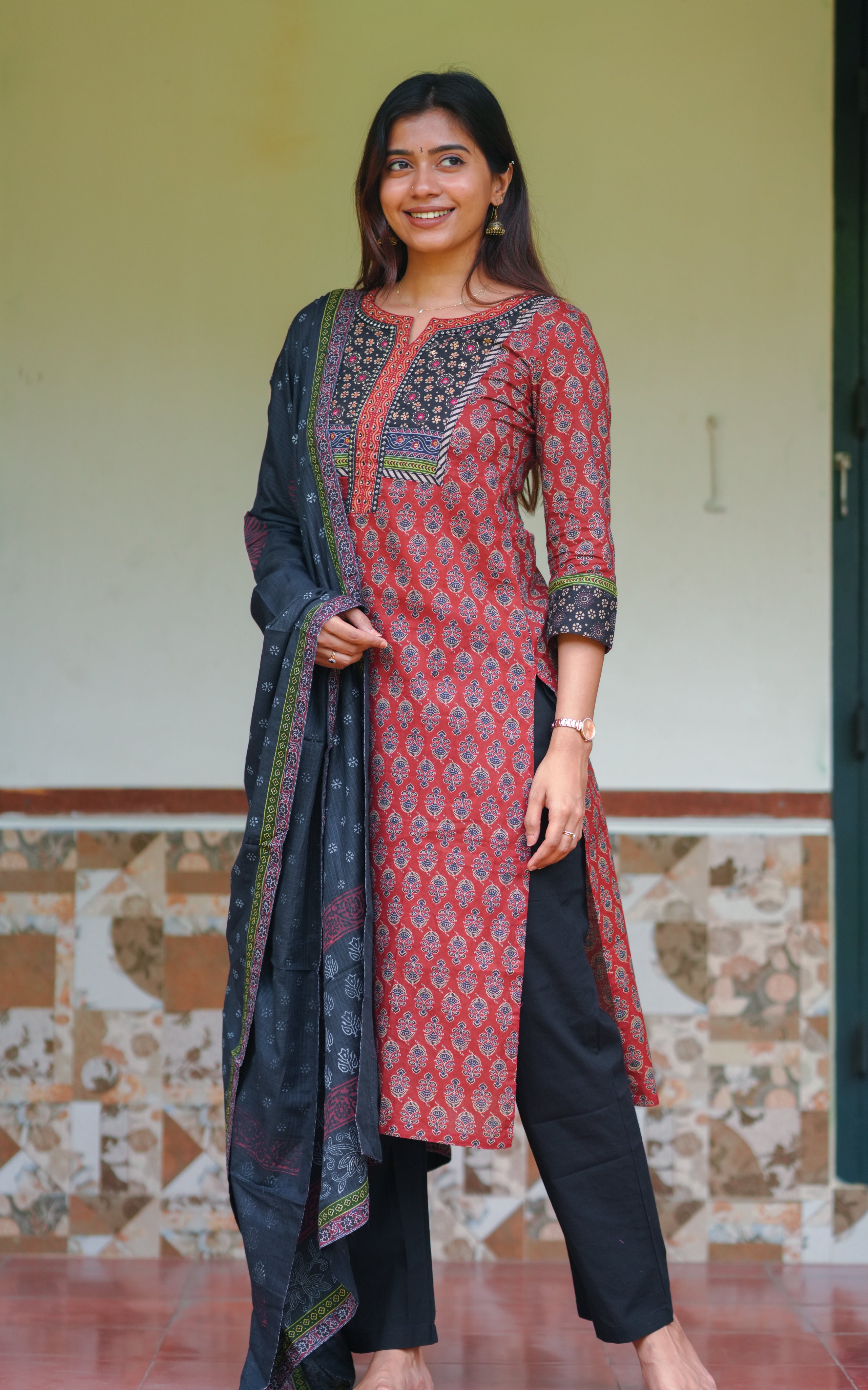 The kurti features a traditional Indian block print design.