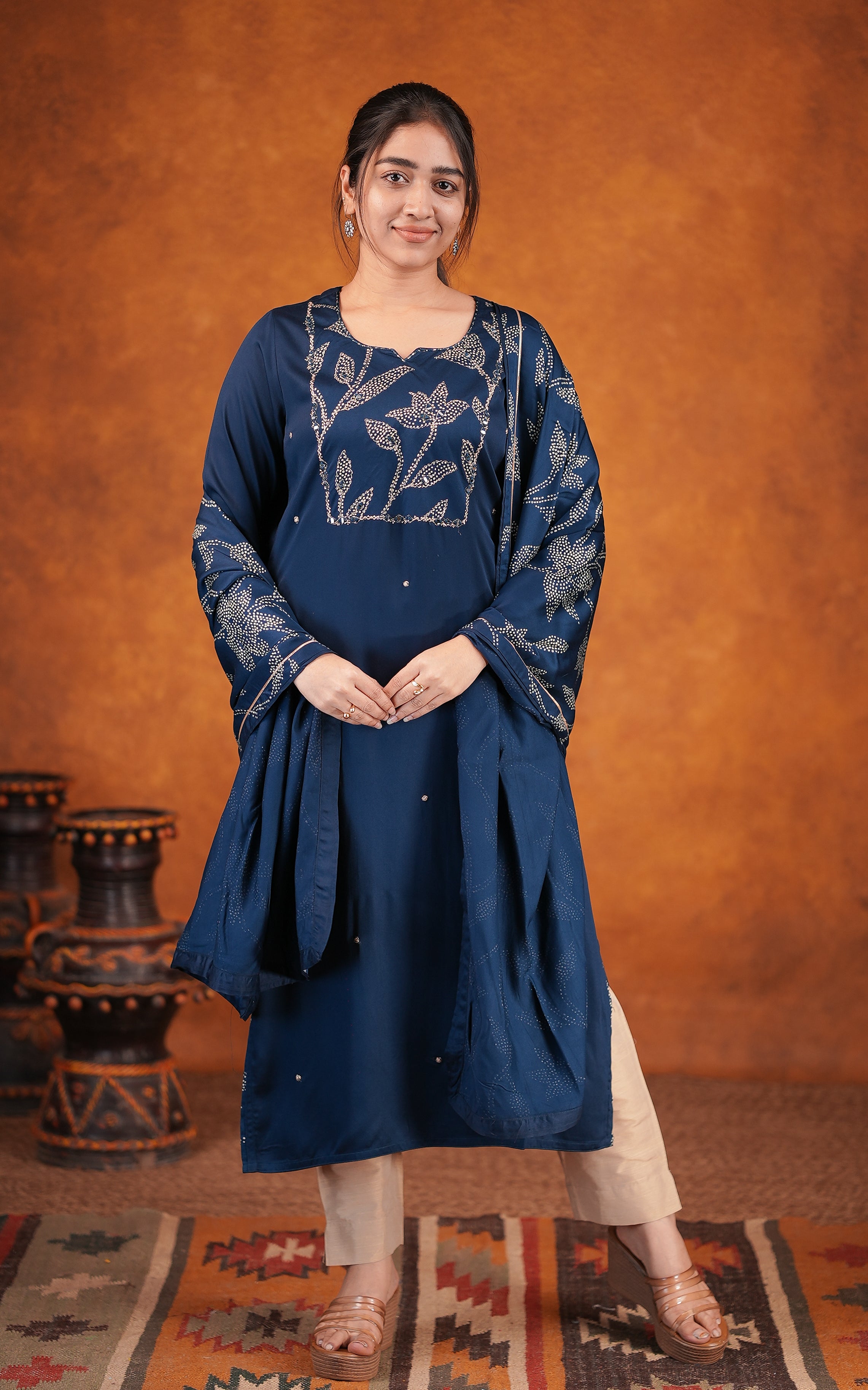 Peacock Blue Silky Rayon Kurti With Dupatta For Women