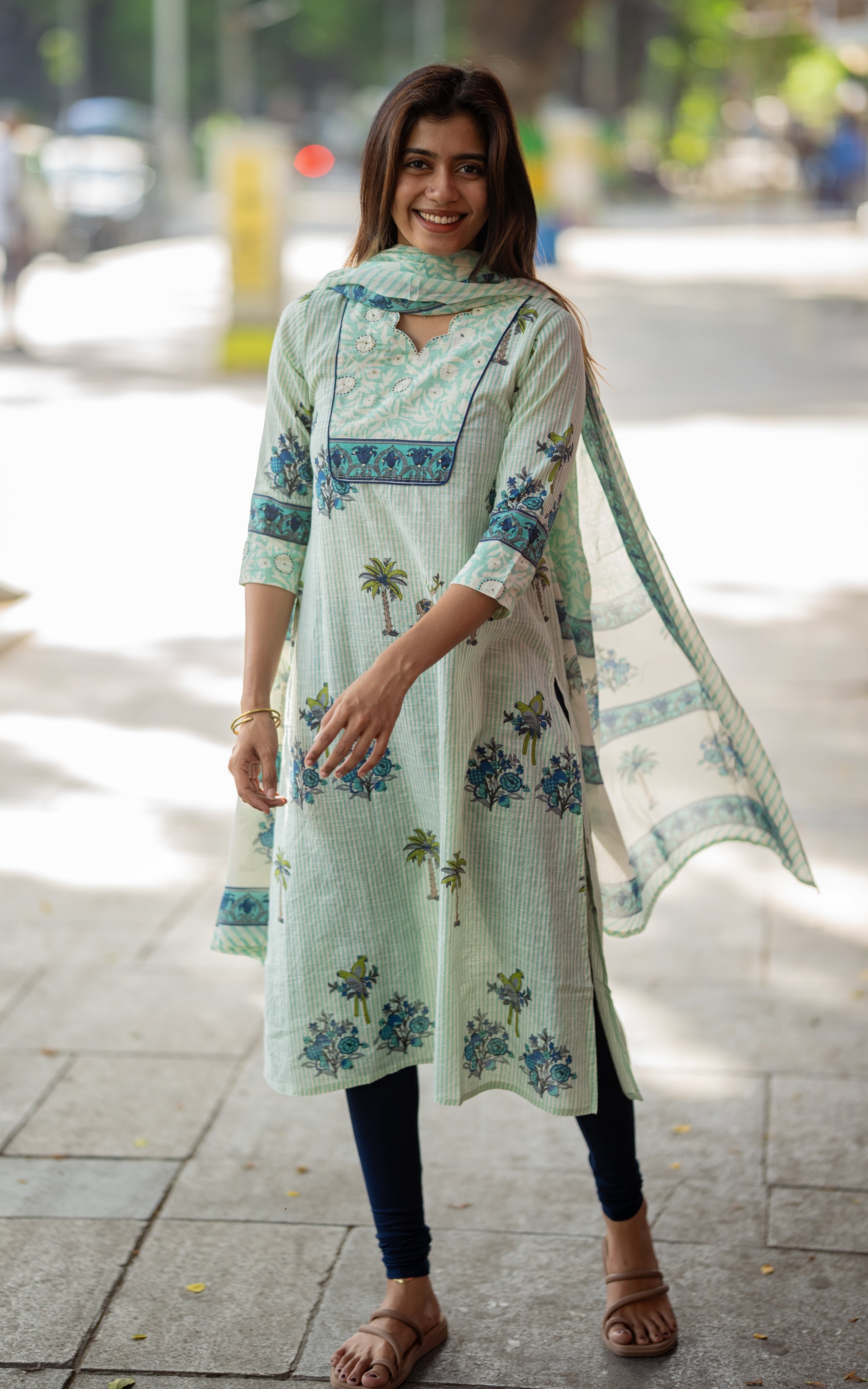 Pastel Mint Green Cotton Slub Daily Wear Kurti Dupatta for Women