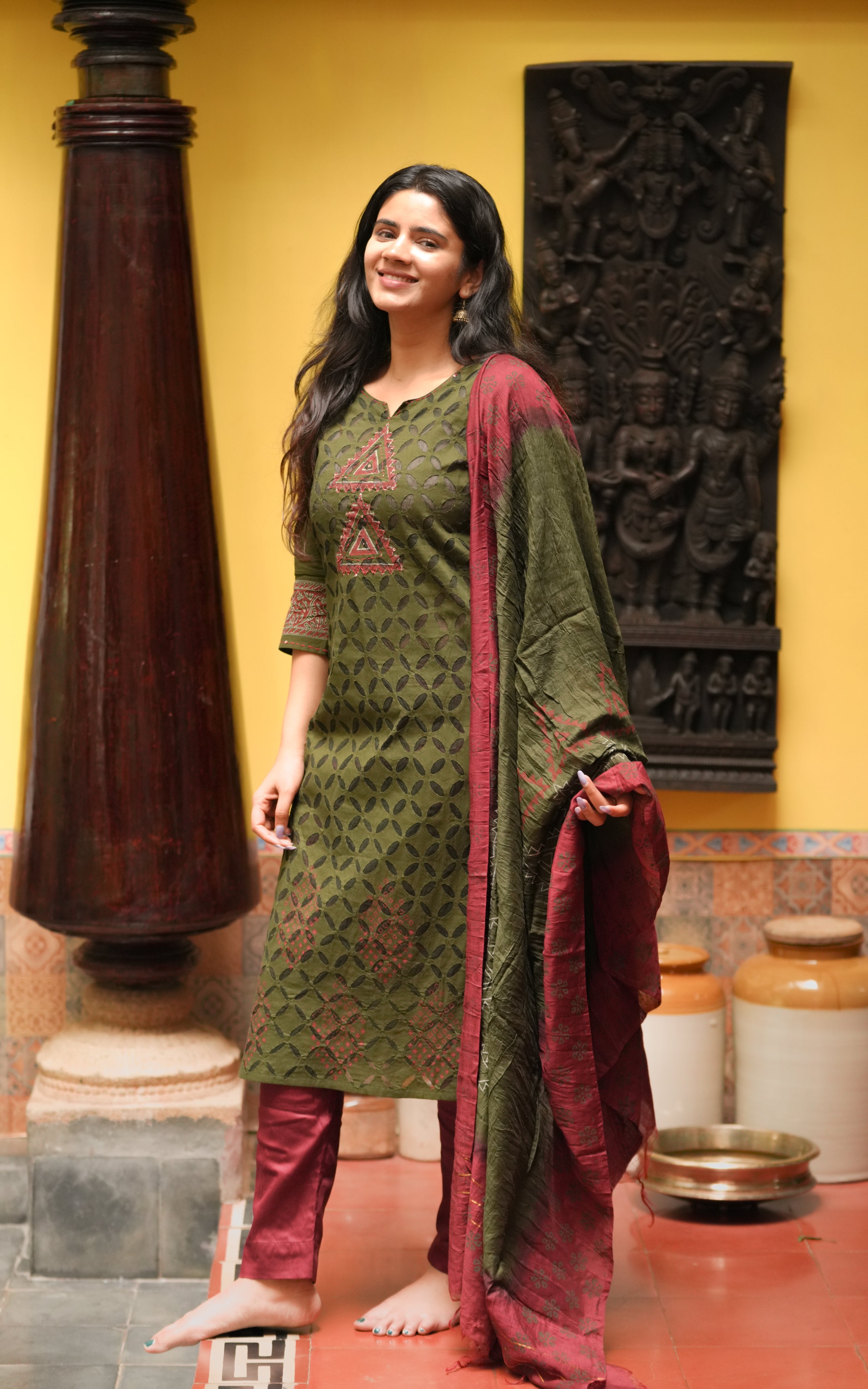 Paired with a viscose handblock printed dupatta that adds elegance to the ensemble.