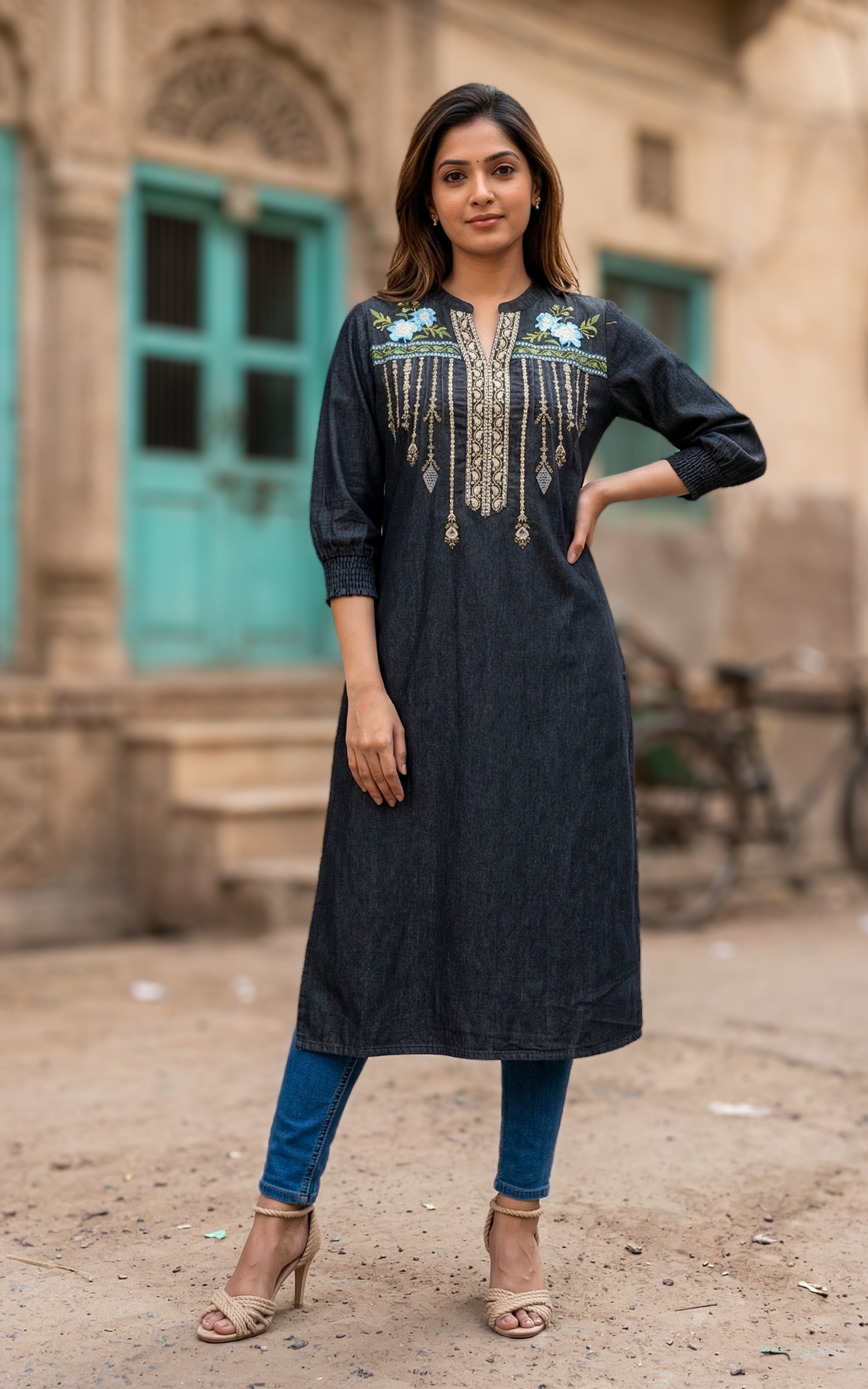  Straight Cut  Kurti with 3/4 Sleeves